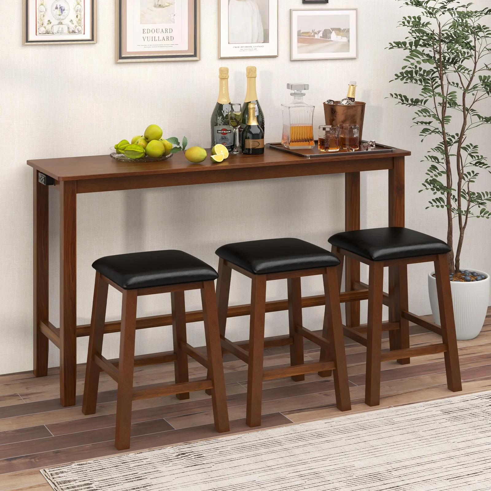 4-Piece Bar Table Set, Counter-Height Table, 3 PVC Leather Stools, Brown - Image 7