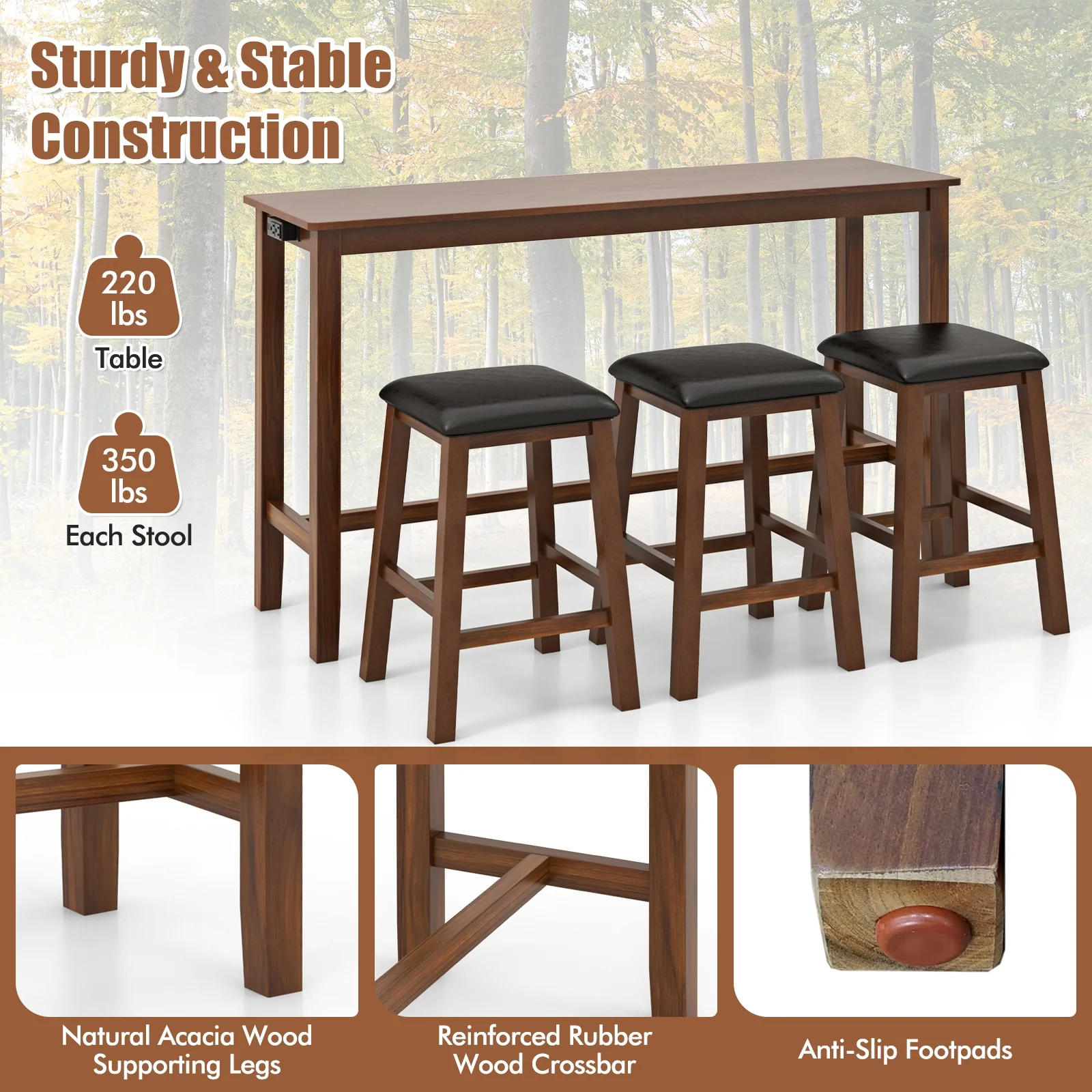 4-Piece Bar Table Set, Counter-Height Table, 3 PVC Leather Stools, Brown - Image 8