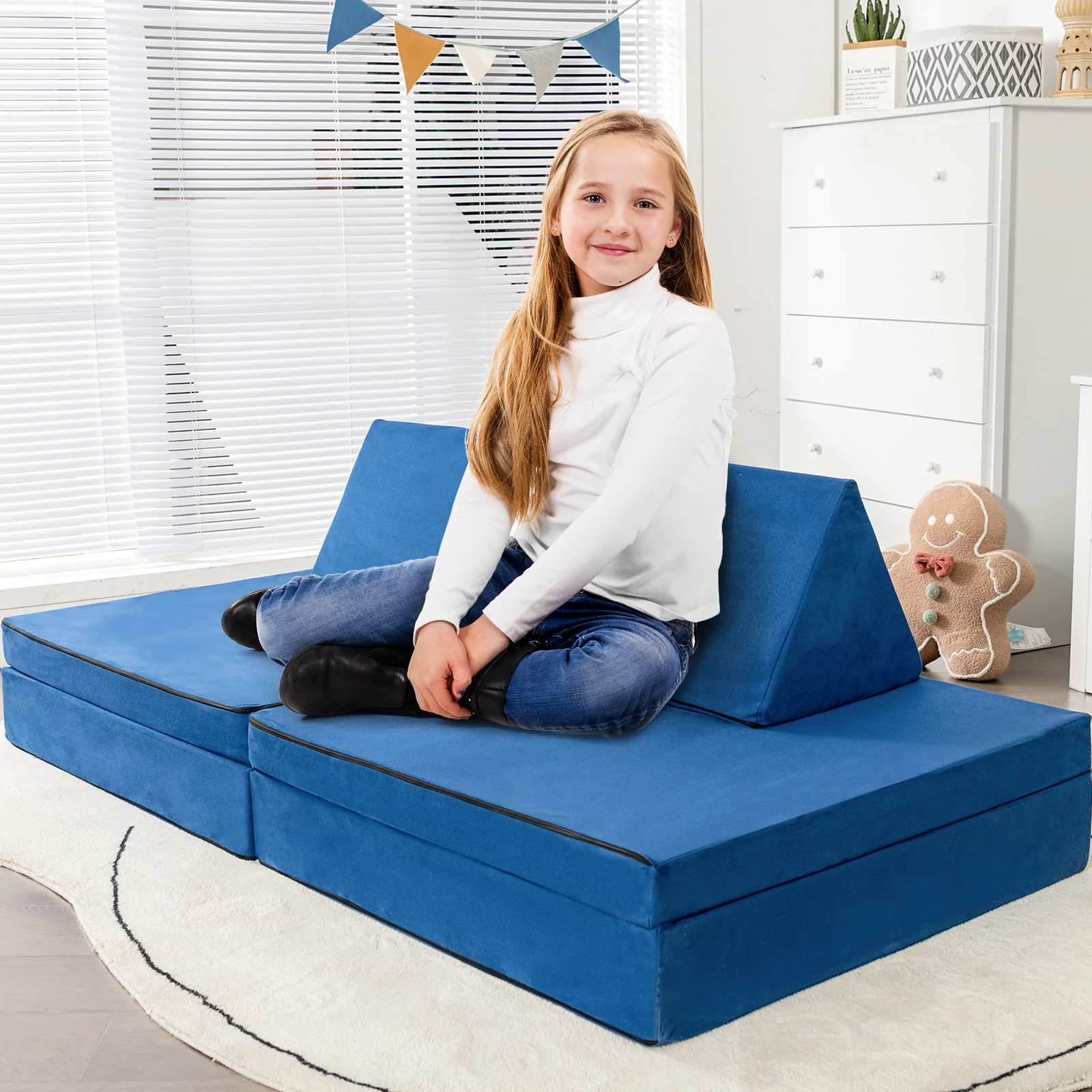 4-Piece Convertible Kids Couch Set, 2 Folding Mats, Blue - Image 2