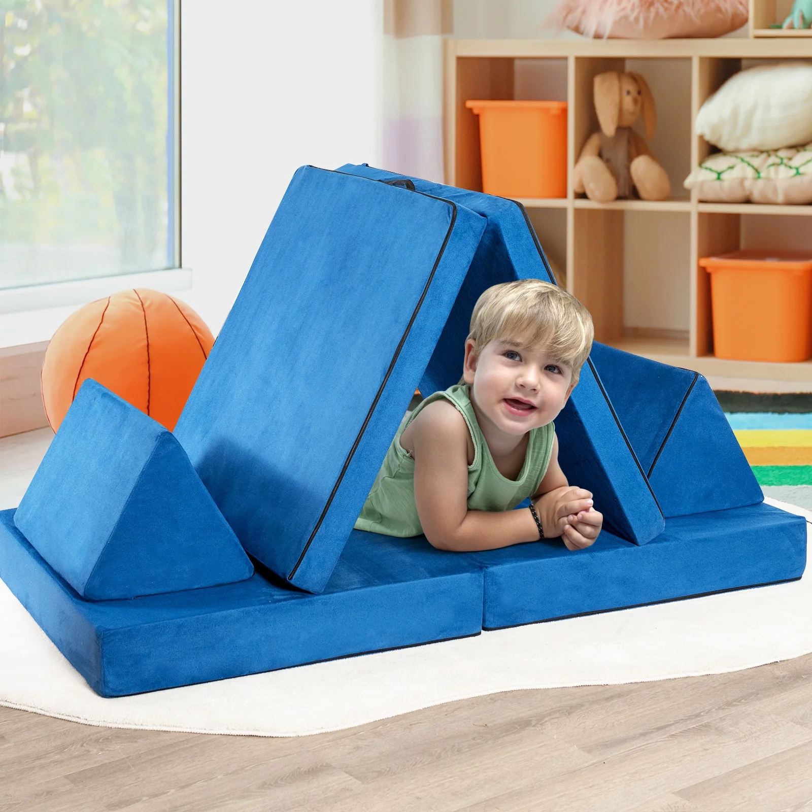 4-Piece Convertible Kids Couch Set, 2 Folding Mats, Blue - Image 3