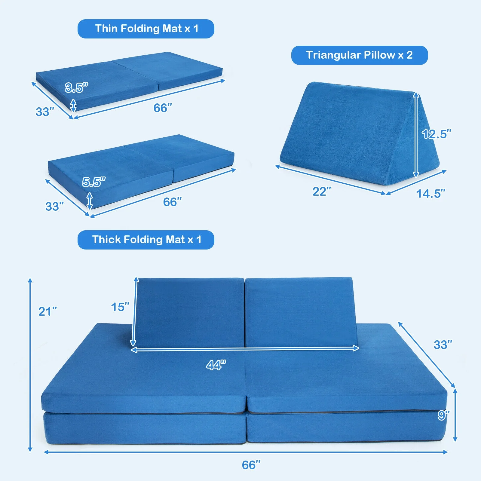 4-Piece Convertible Kids Couch Set, 2 Folding Mats, Blue - Image 5