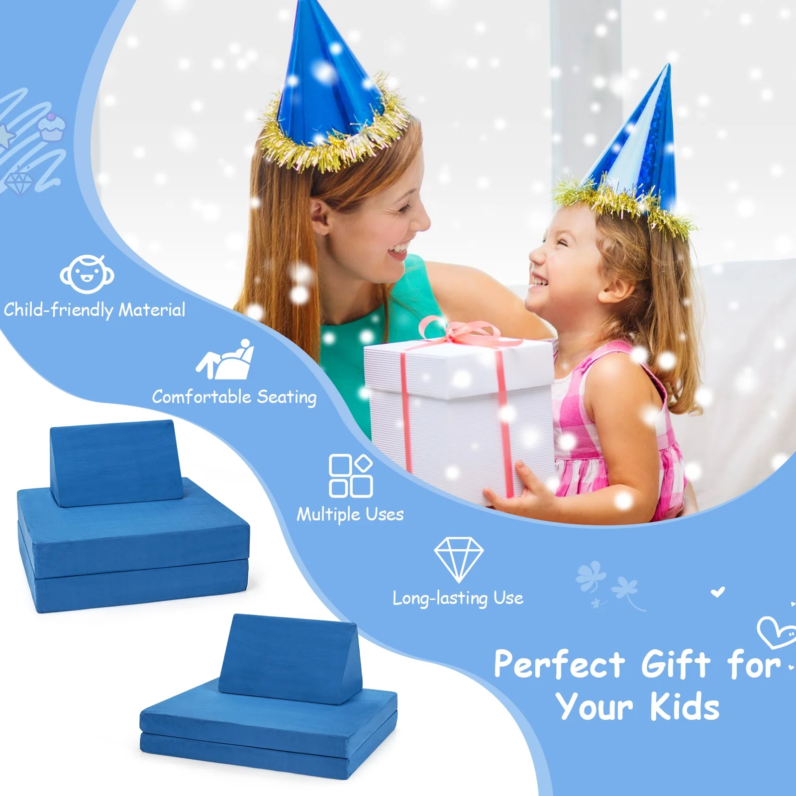 4-Piece Convertible Kids Couch Set, 2 Folding Mats, Blue - Image 7