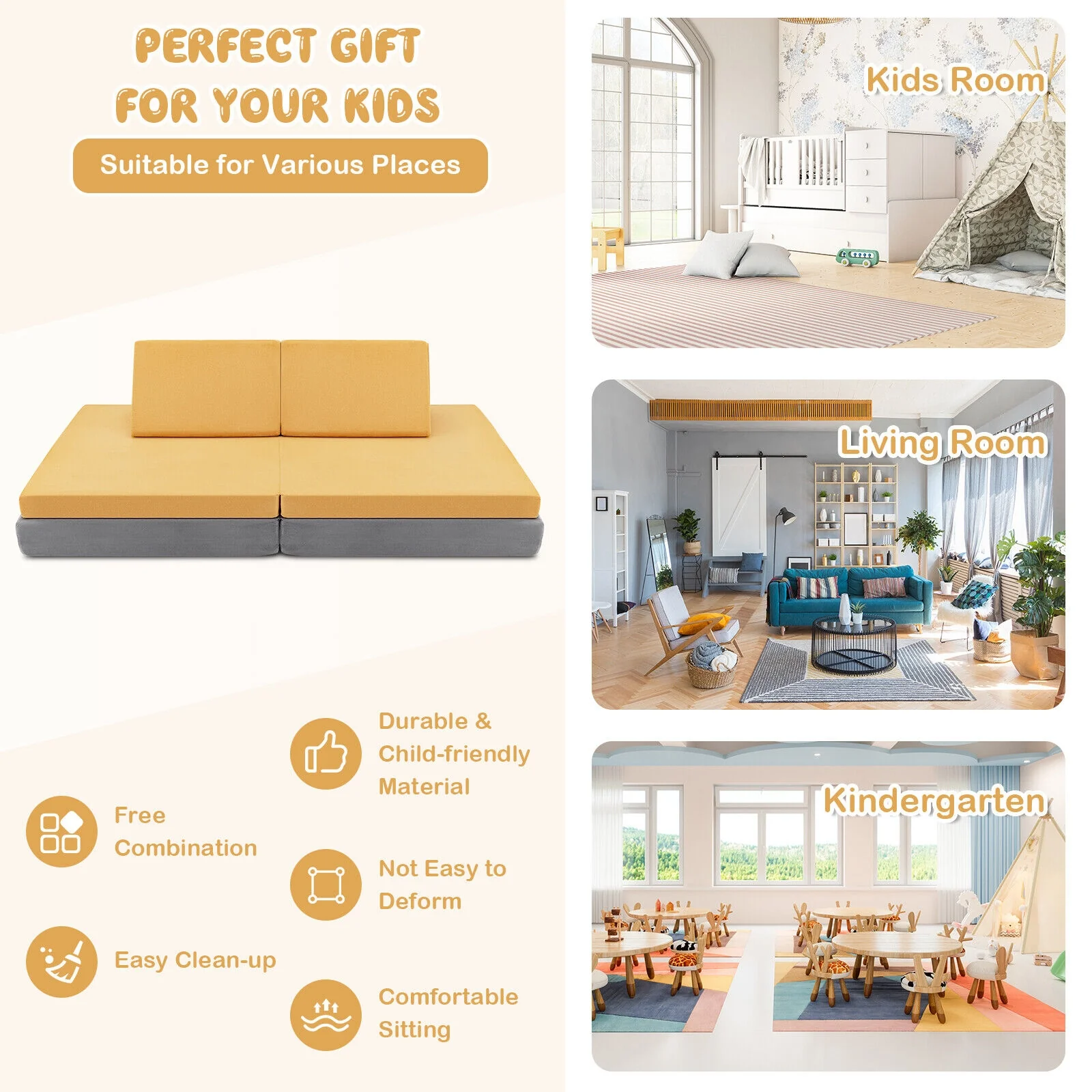 4 Piece Convertible Kids Couch Set, 2 Folding Mats, Yellow - Image 10