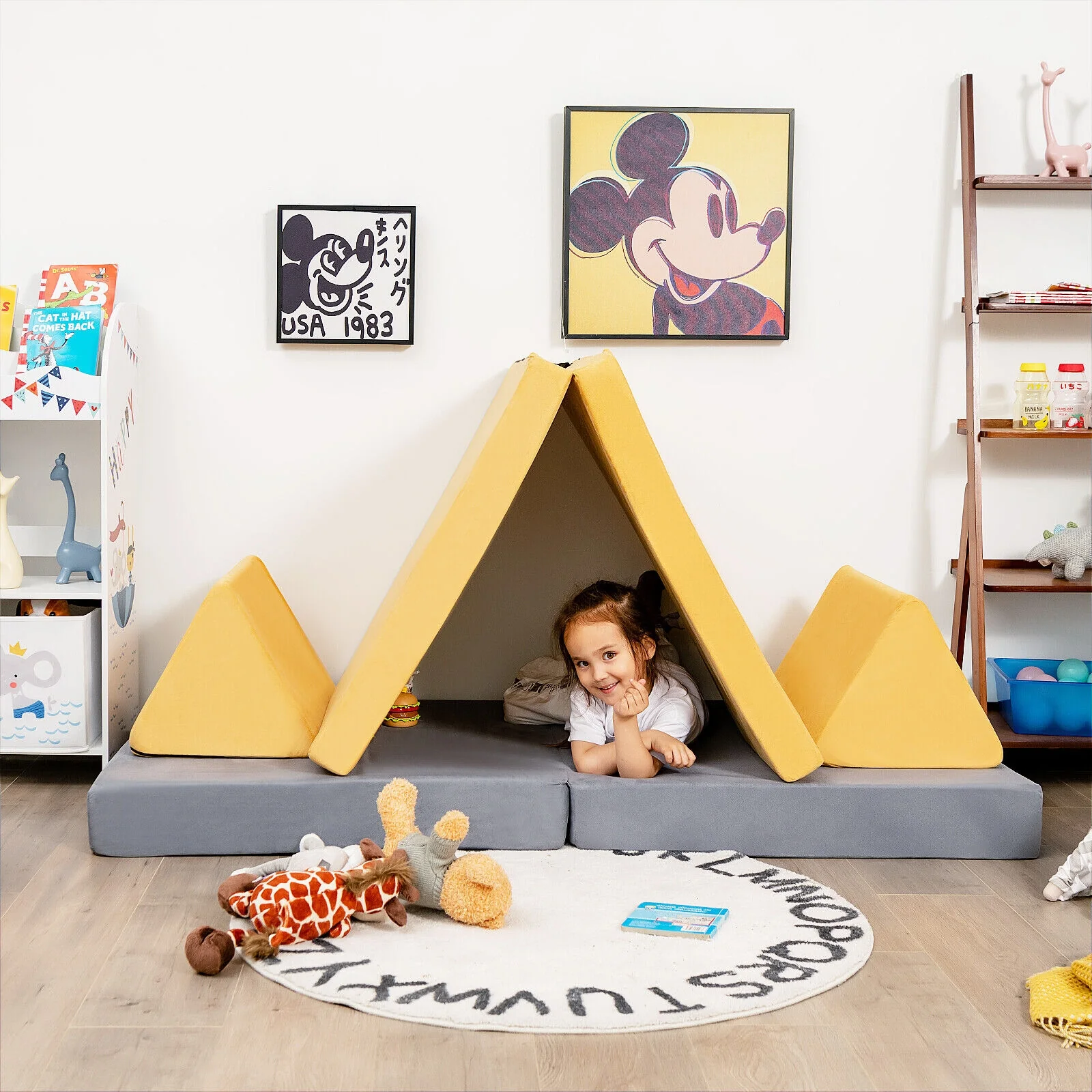 4 Piece Convertible Kids Couch Set, 2 Folding Mats, Yellow - Image 3