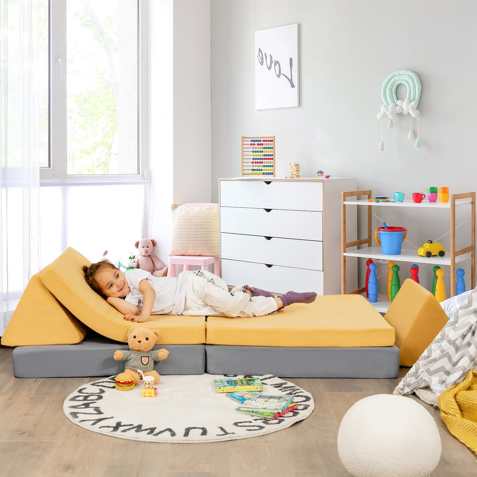 4 Piece Convertible Kids Couch Set, 2 Folding Mats, Yellow - Image 8