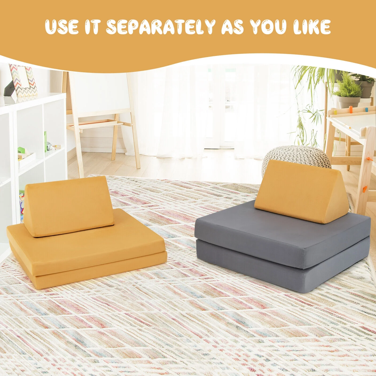 4 Piece Convertible Kids Couch Set, 2 Folding Mats, Yellow - Image 9