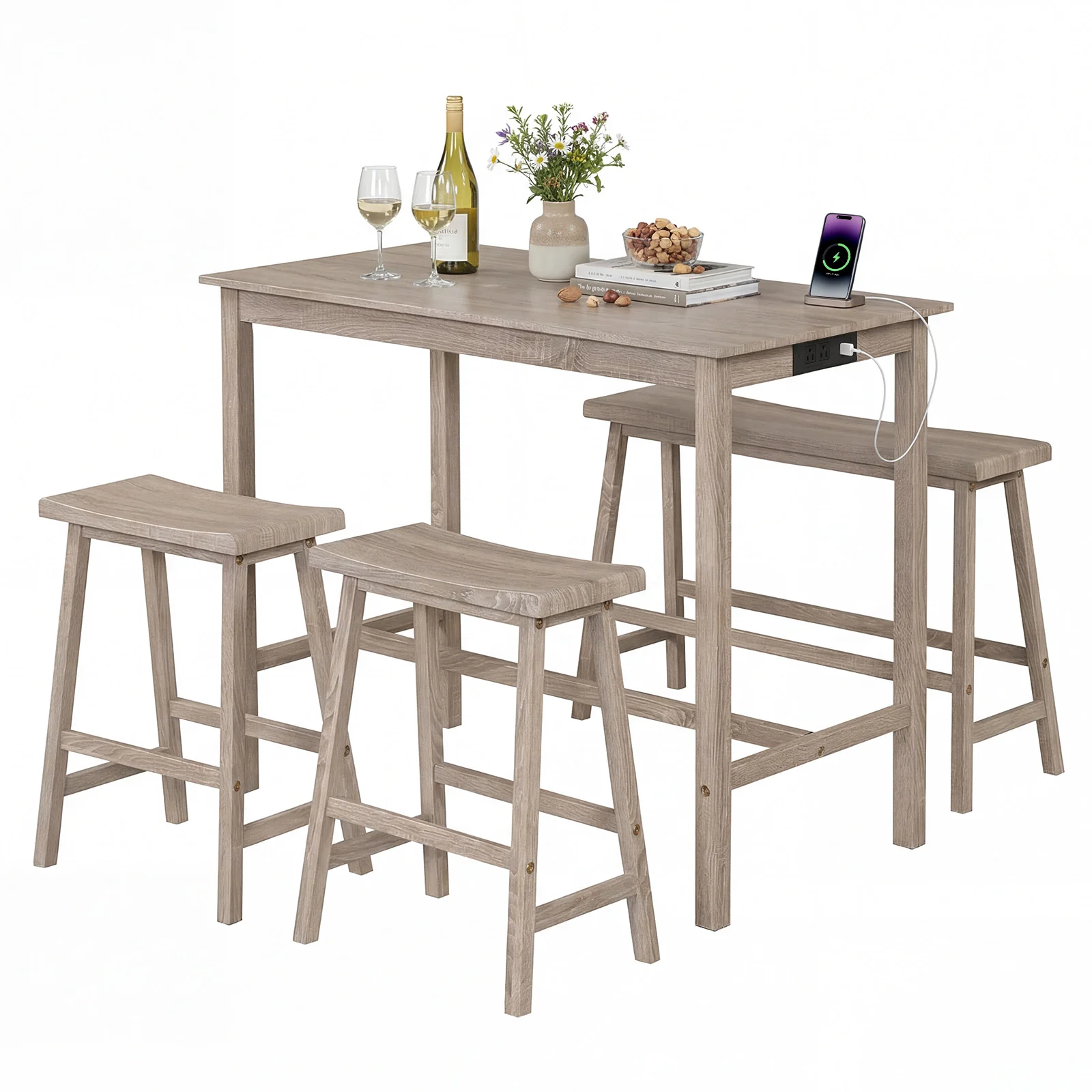 4-Piece Counter Height Dining Table Set, Solid Rubber Wood, Light Gray - Image 4