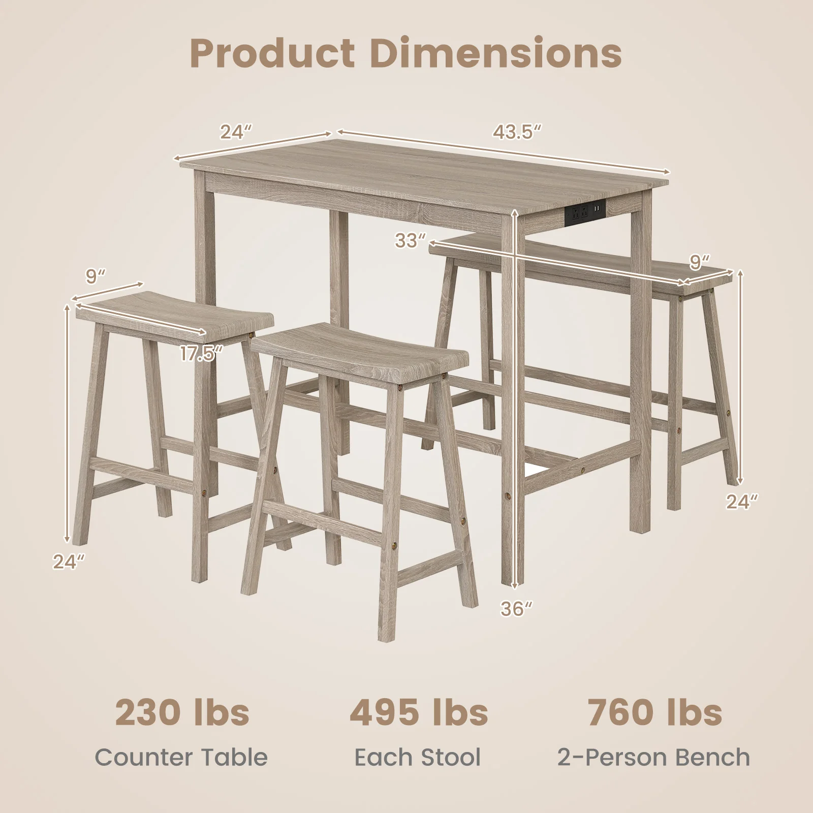 4-Piece Counter Height Dining Table Set, Solid Rubber Wood, Light Gray - Image 5