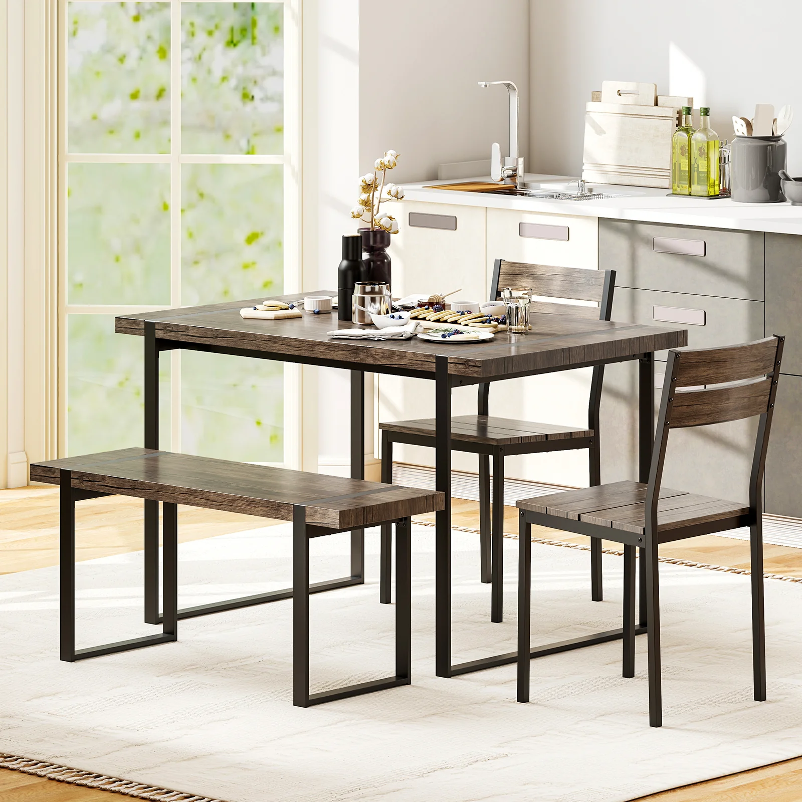 4-Piece Dining Table Set, Gray, 1 Bench, 2 Chairs, Black - Image 3