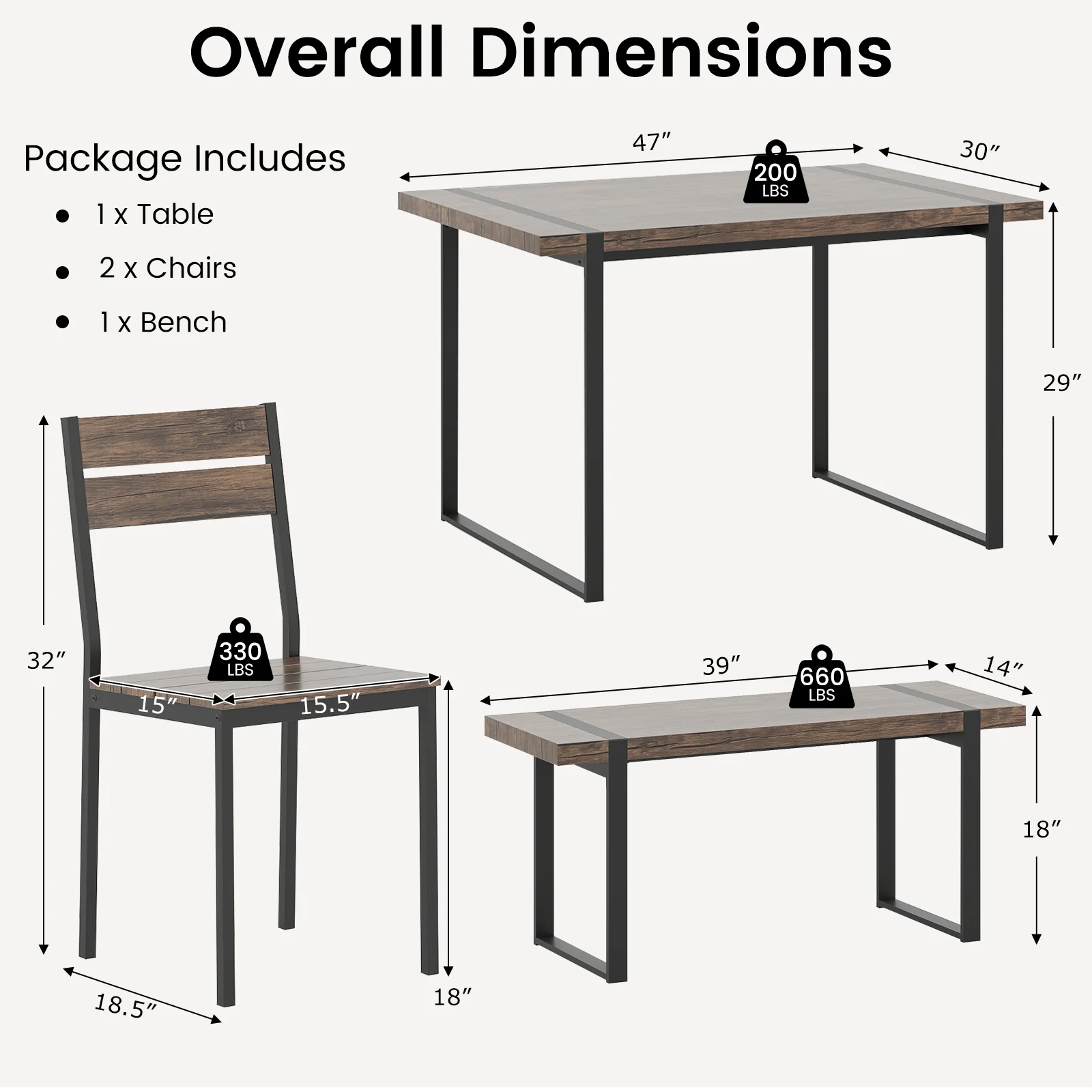 4-Piece Dining Table Set, Gray, 1 Bench, 2 Chairs, Black - Image 6