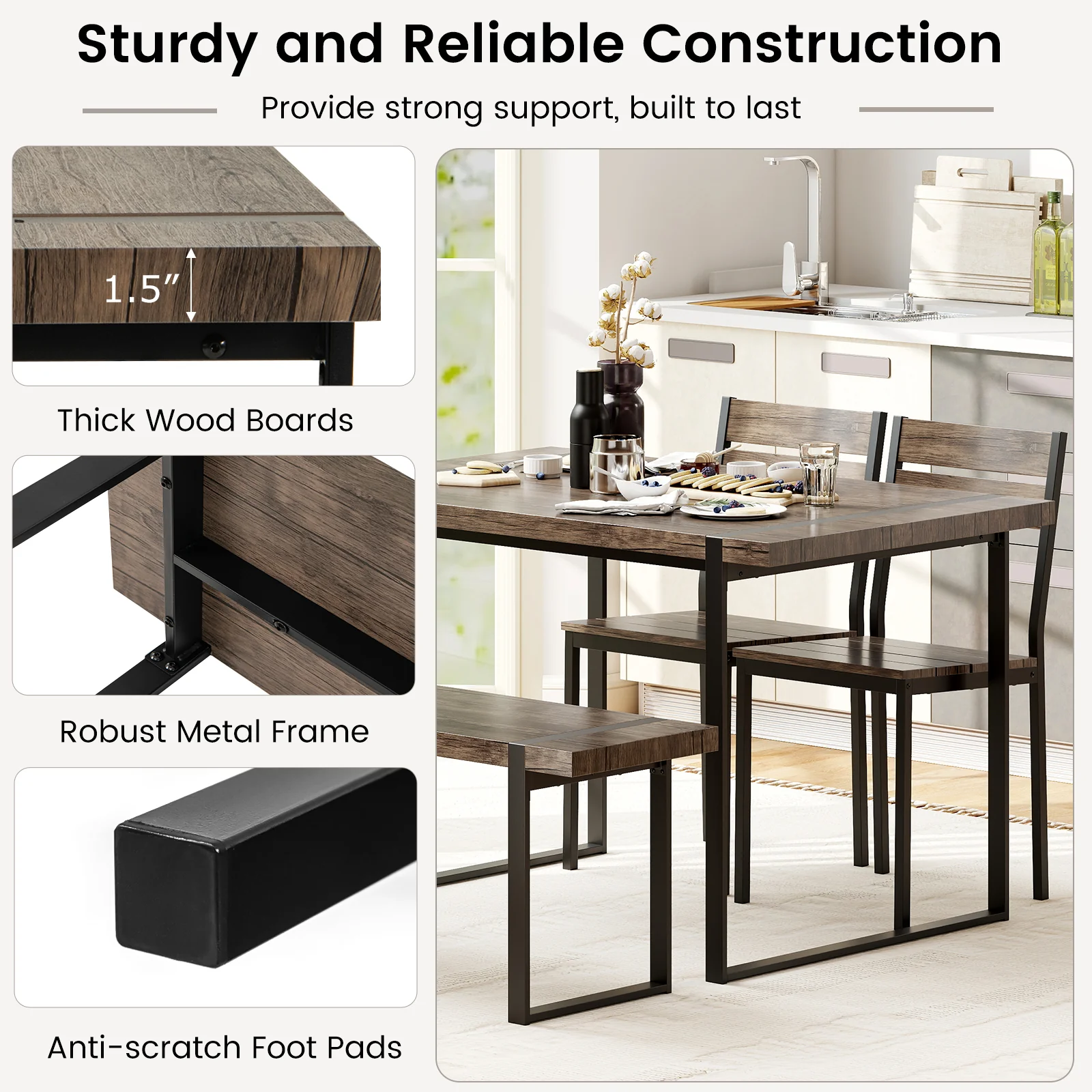 4-Piece Dining Table Set, Gray, 1 Bench, 2 Chairs, Black - Image 9