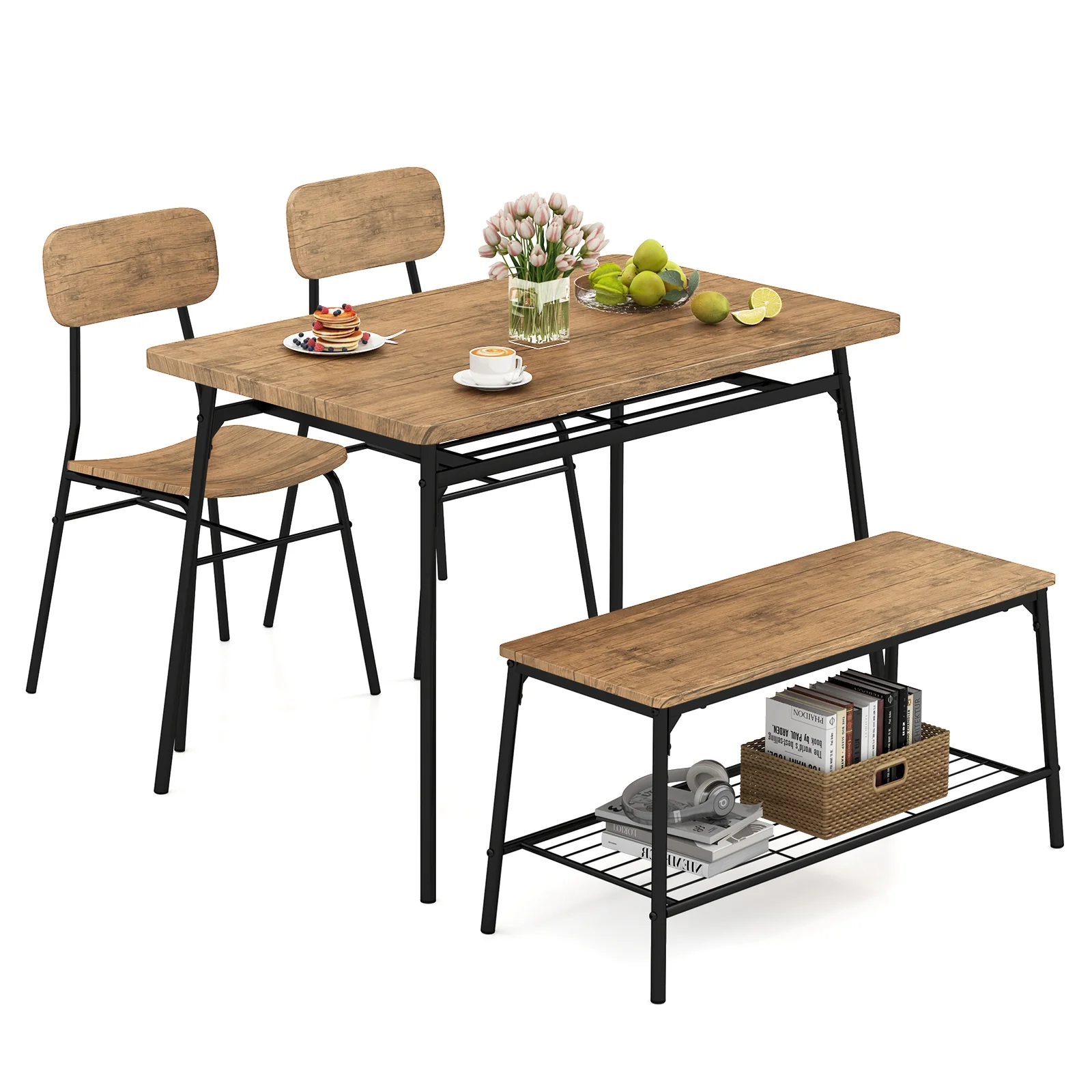 4 Piece Dining Table Set, Metal Frame With Bench And 2 Chairs, Brown