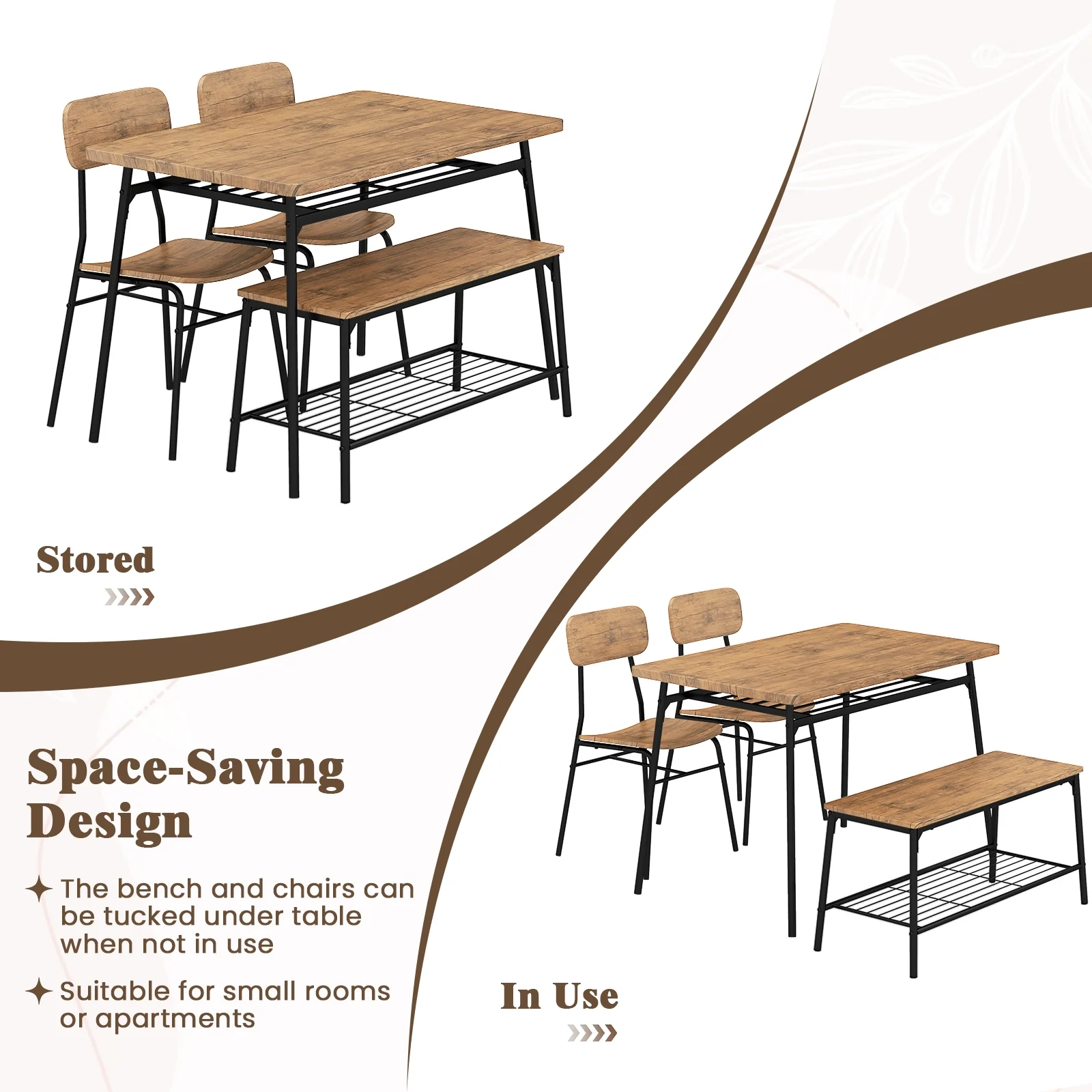4 Piece Dining Table Set, Metal Frame With Bench And 2 Chairs, Brown - Image 10