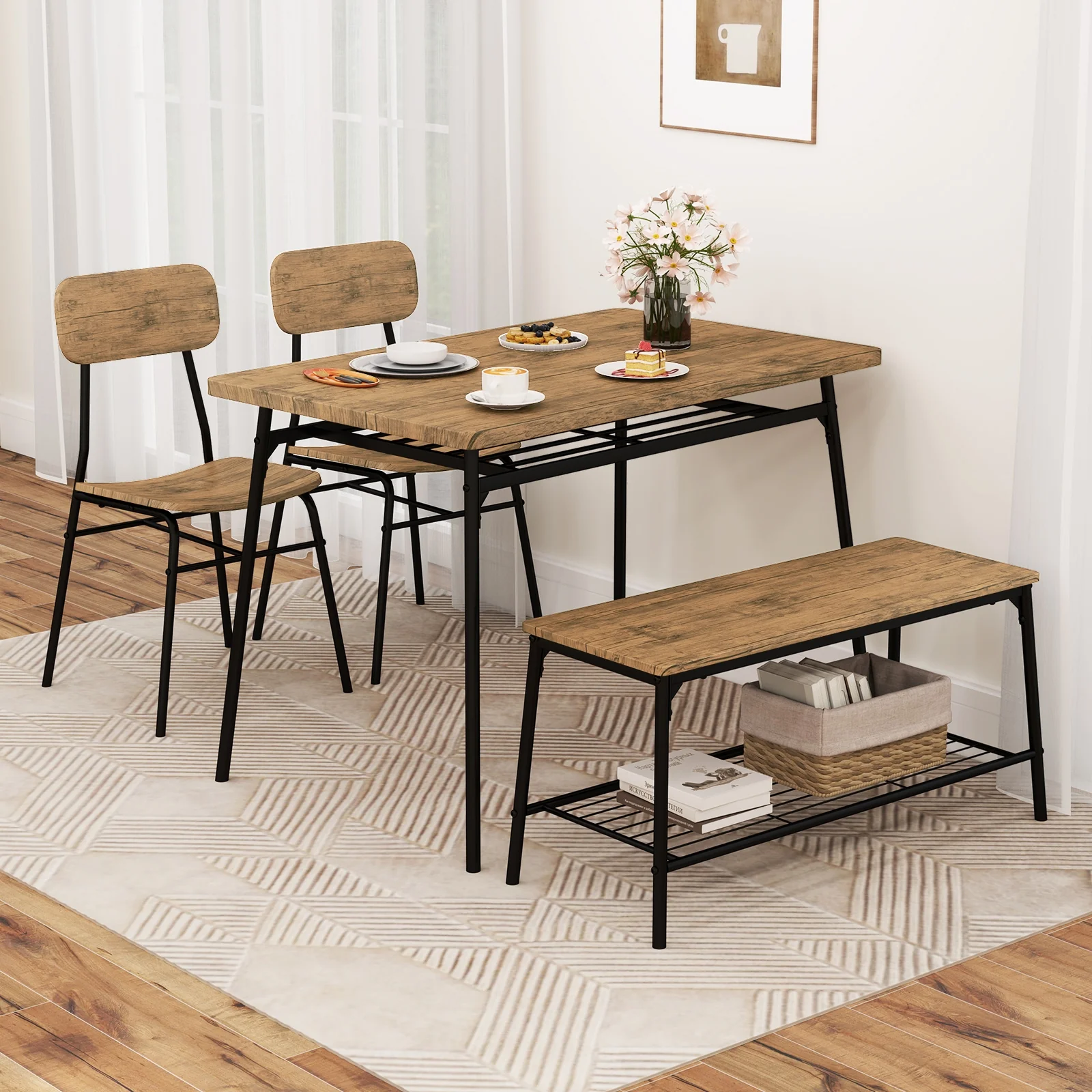4 Piece Dining Table Set, Metal Frame With Bench And 2 Chairs, Brown - Image 2