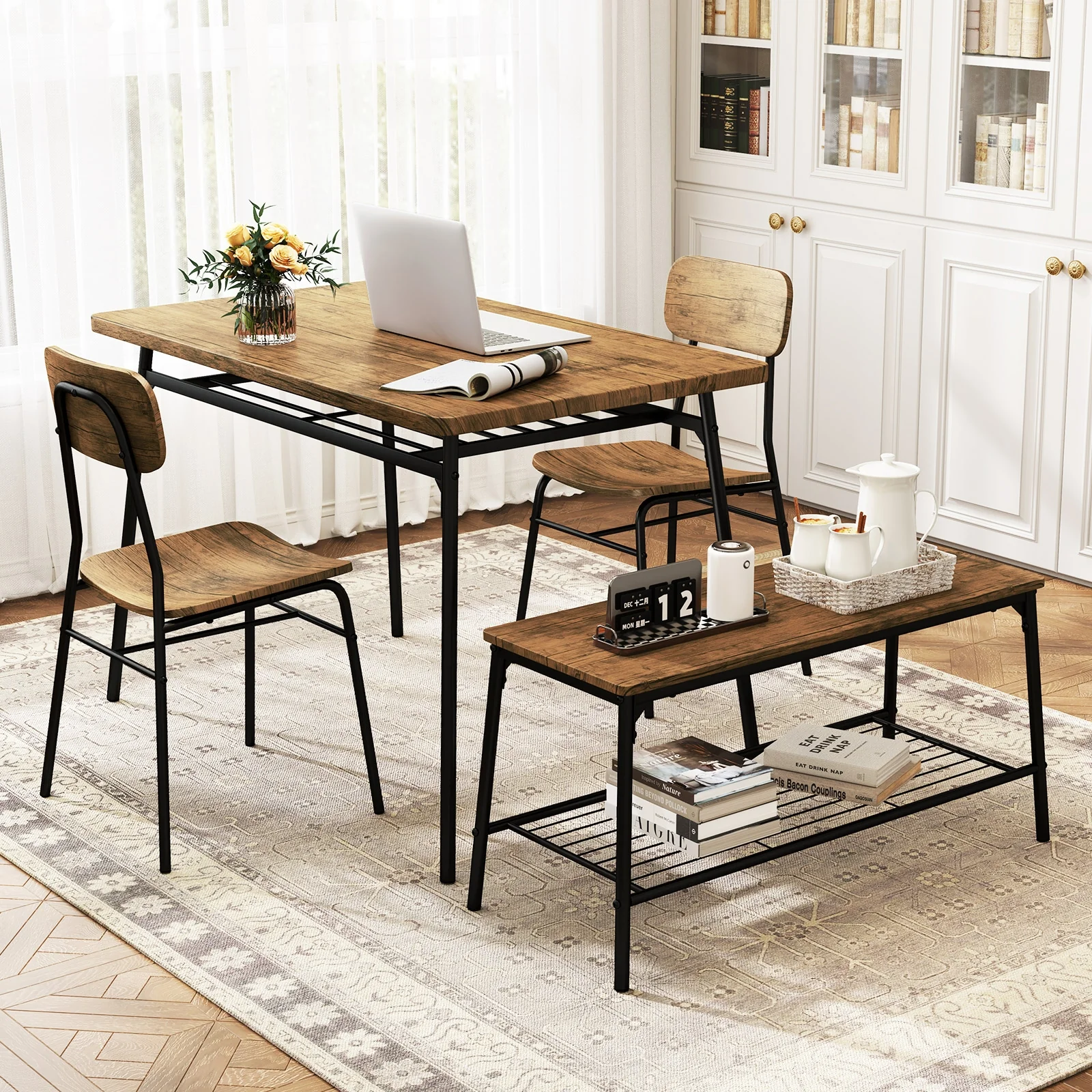 4 Piece Dining Table Set, Metal Frame With Bench And 2 Chairs, Brown - Image 3