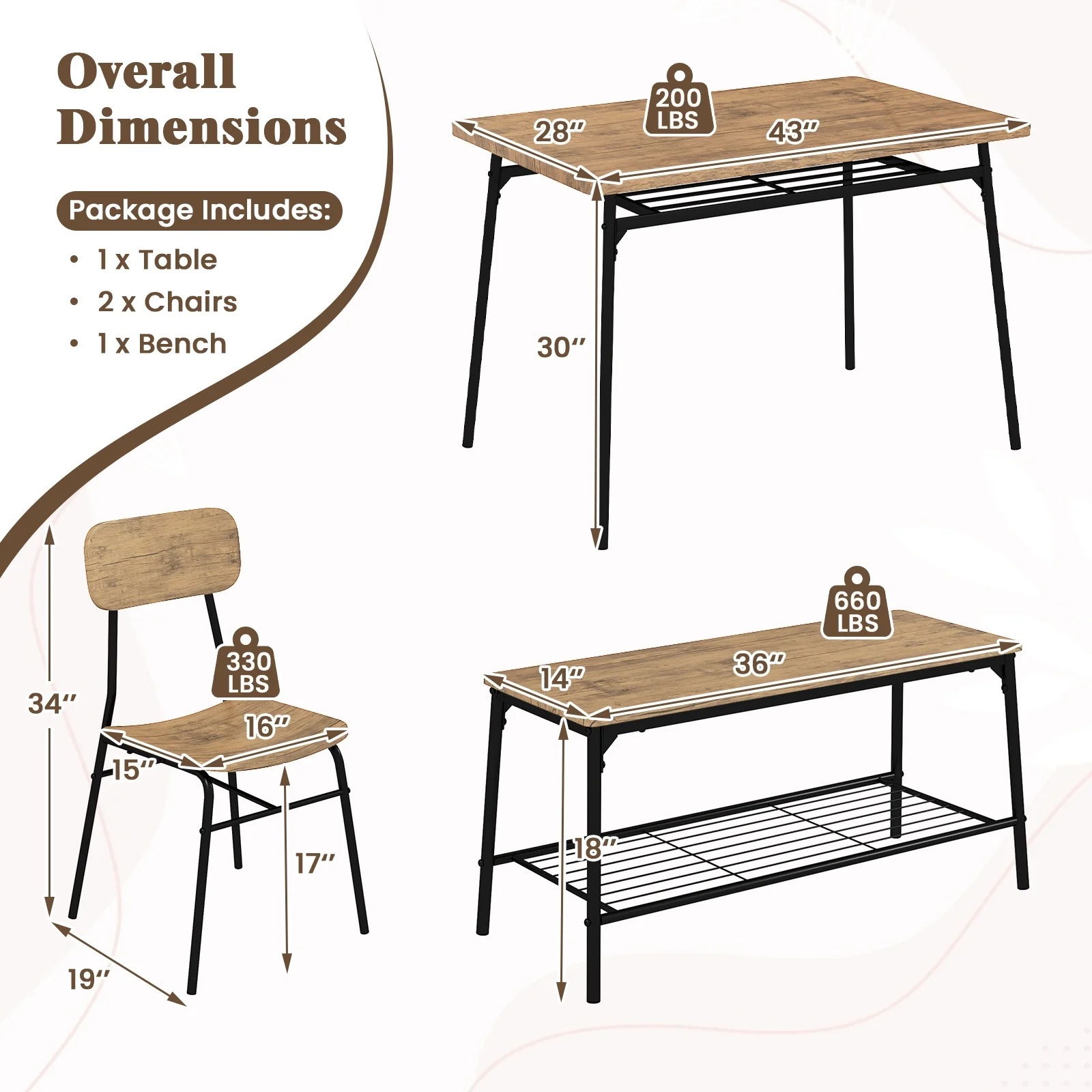 4 Piece Dining Table Set, Metal Frame With Bench And 2 Chairs, Brown - Image 5