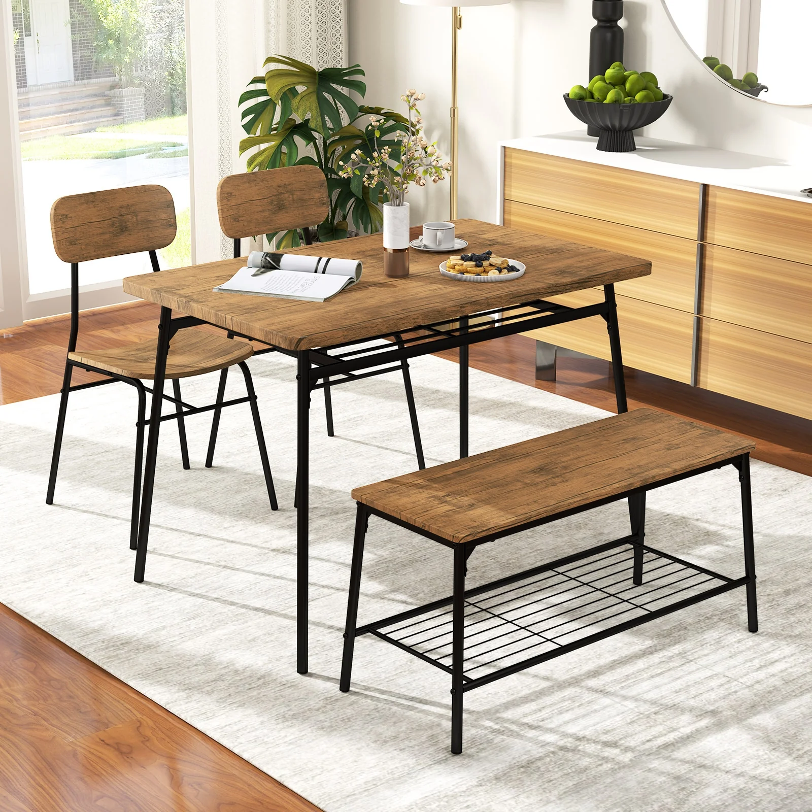 4 Piece Dining Table Set, Metal Frame With Bench And 2 Chairs, Brown - Image 6