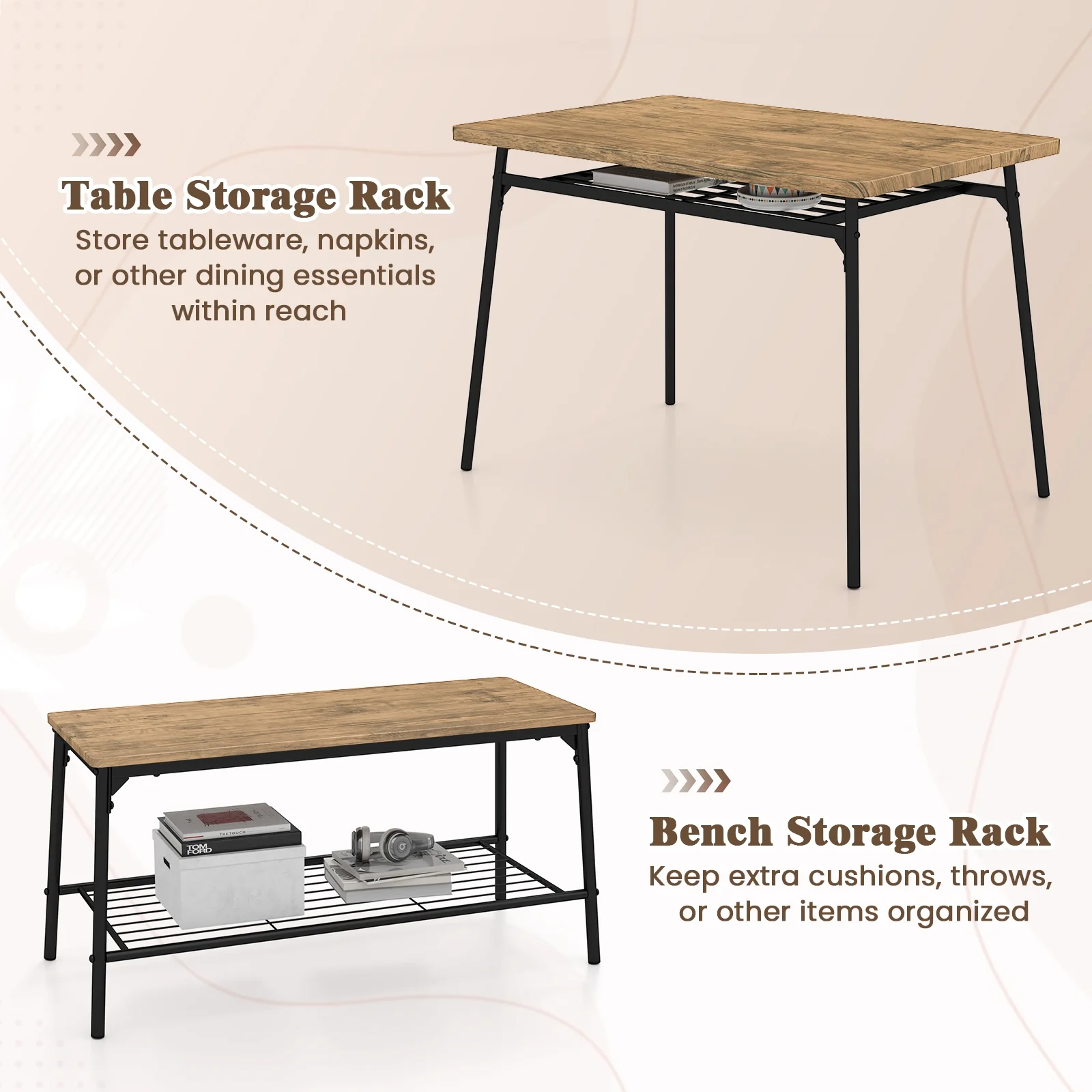 4 Piece Dining Table Set, Metal Frame With Bench And 2 Chairs, Brown - Image 7