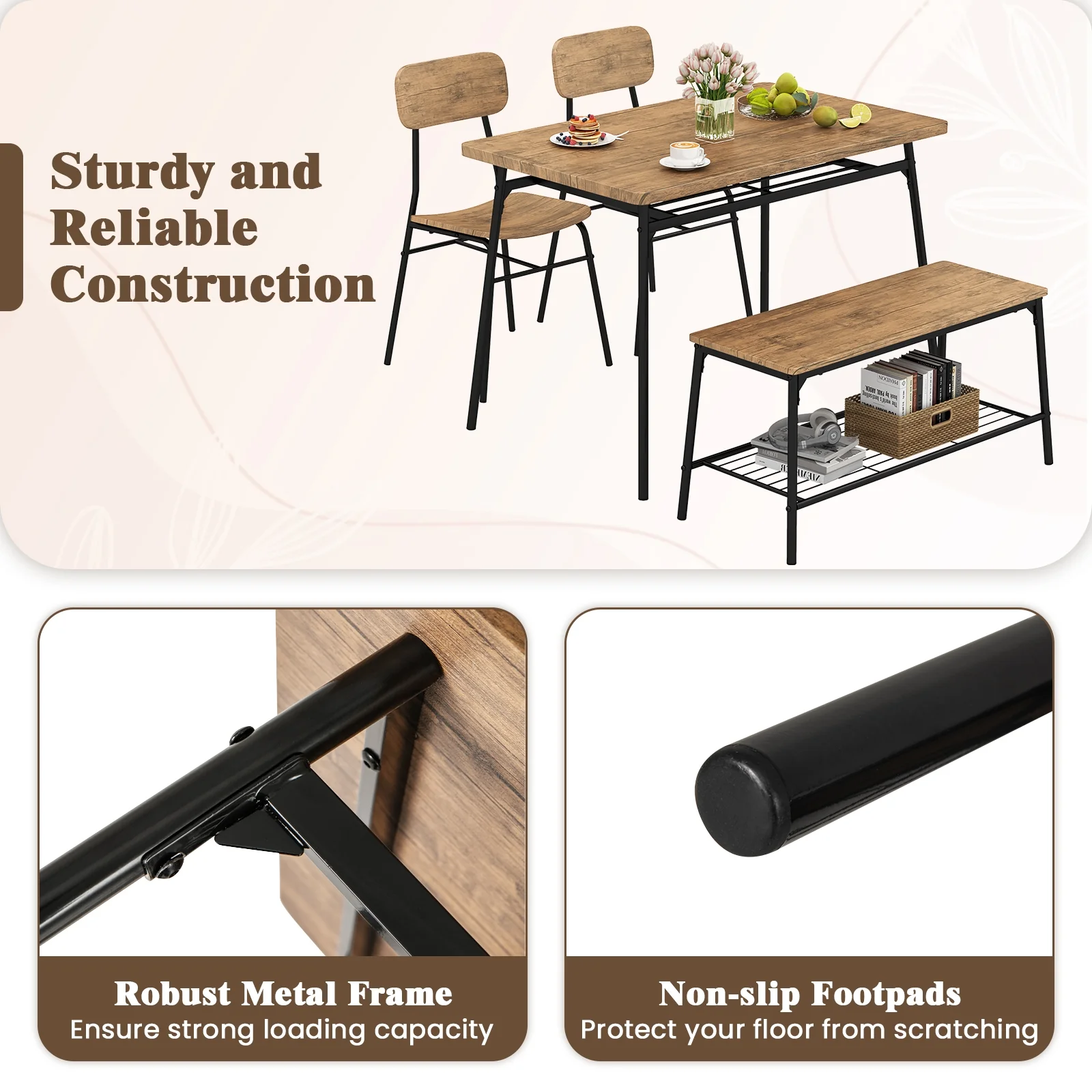 4 Piece Dining Table Set, Metal Frame With Bench And 2 Chairs, Brown - Image 8