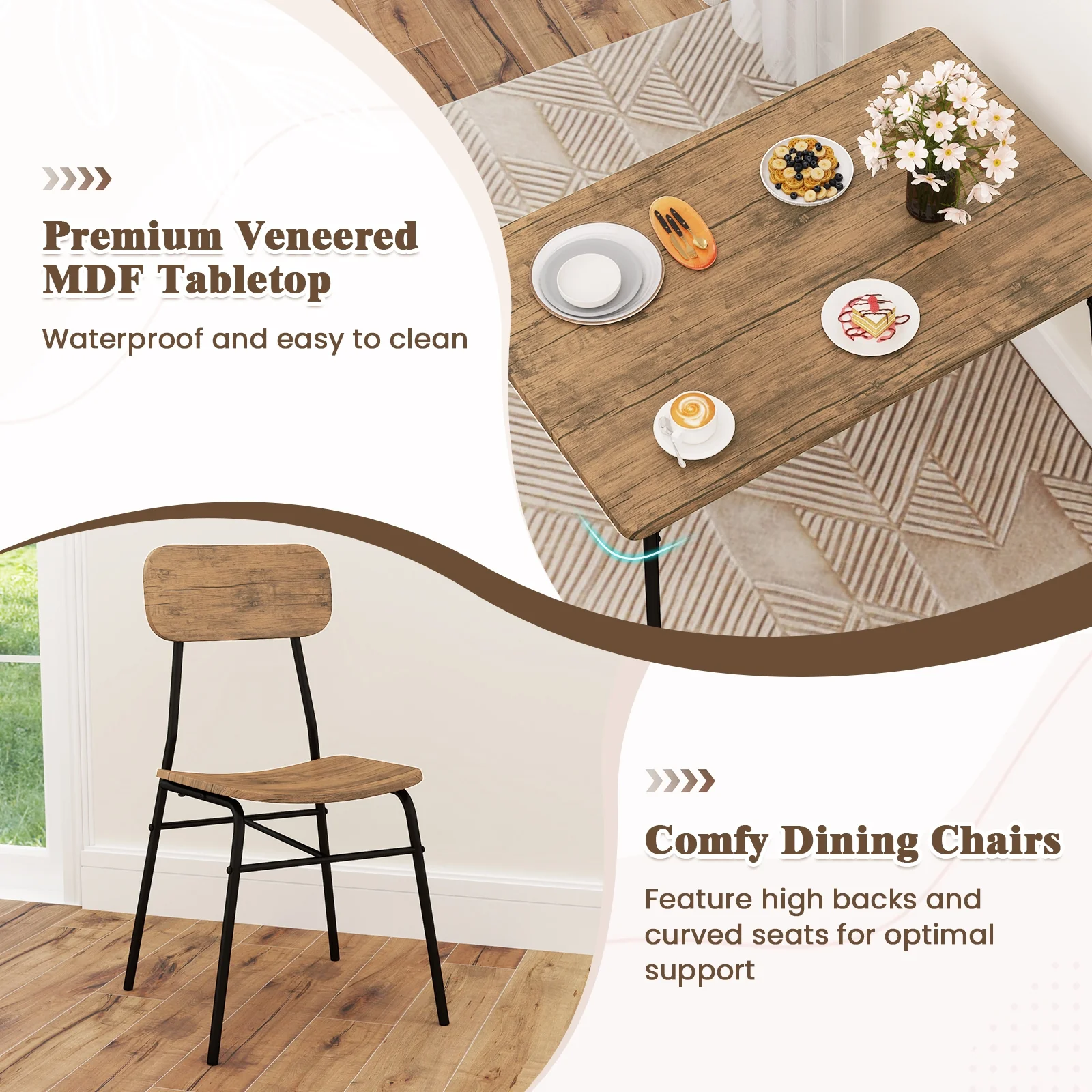 4 Piece Dining Table Set, Metal Frame With Bench And 2 Chairs, Brown - Image 9