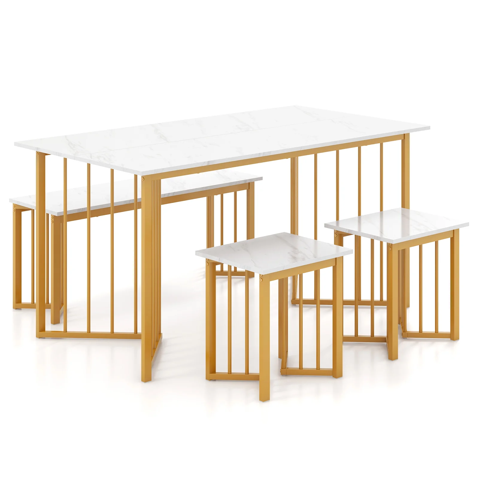 4 Piece Dining Table Set With Bench, 2 Stools, White