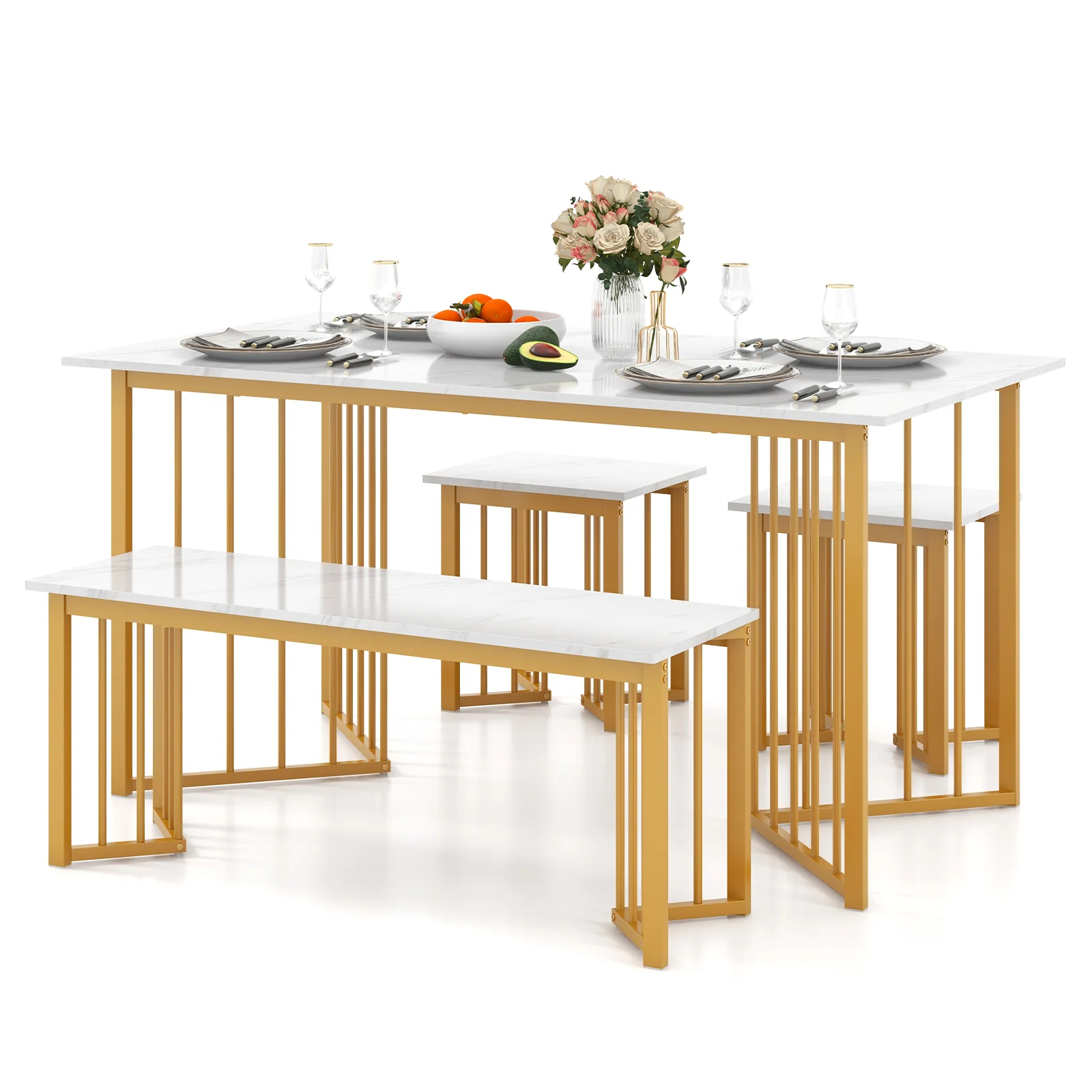 4 Piece Dining Table Set With Bench, 2 Stools, White - Image 6