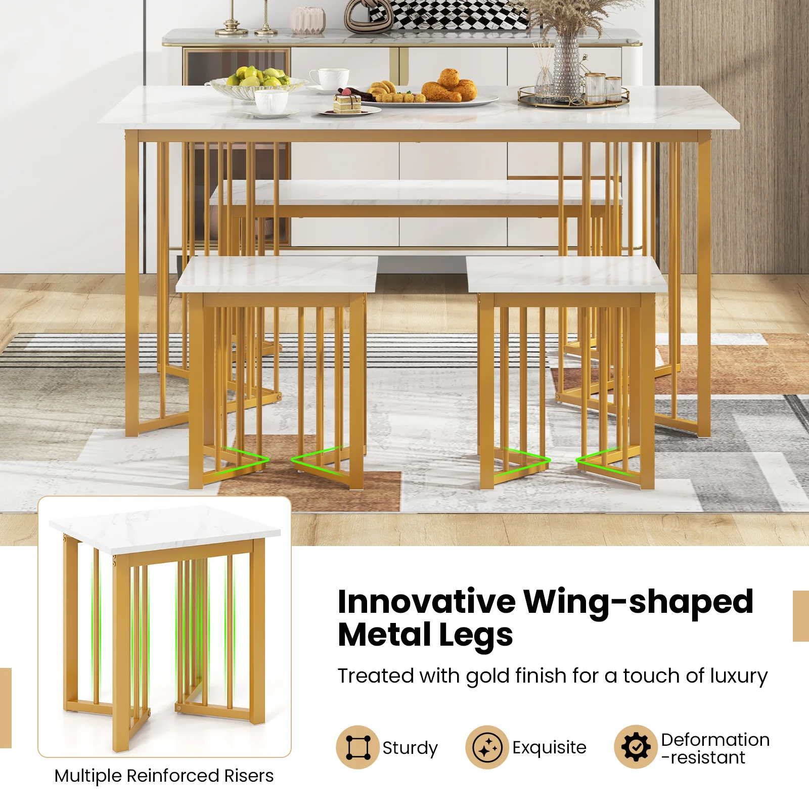 4 Piece Dining Table Set With Bench, 2 Stools, White - Image 9