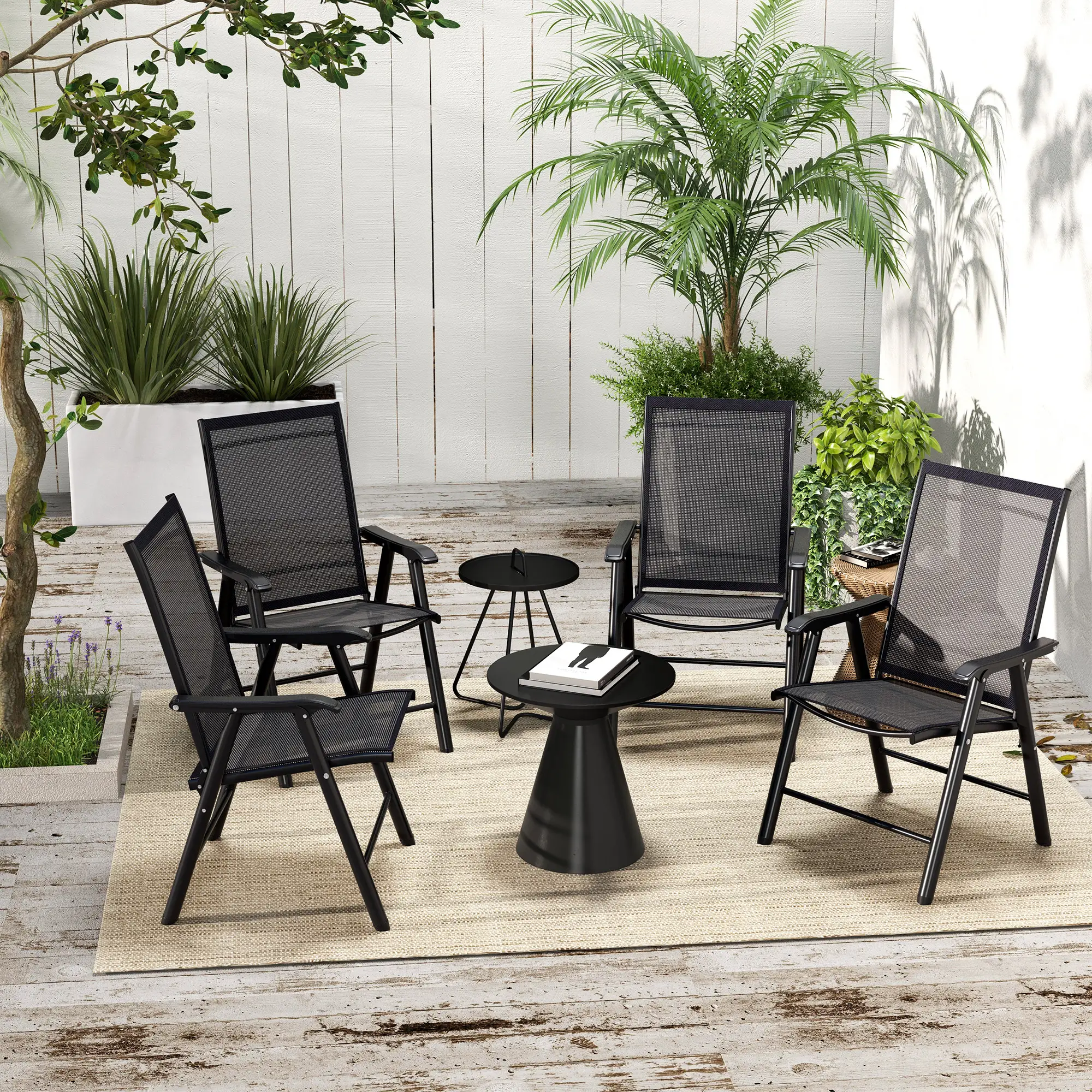 4-Piece Folding Chair Set, Outdoor Furniture with Armrests, Black - Image 2