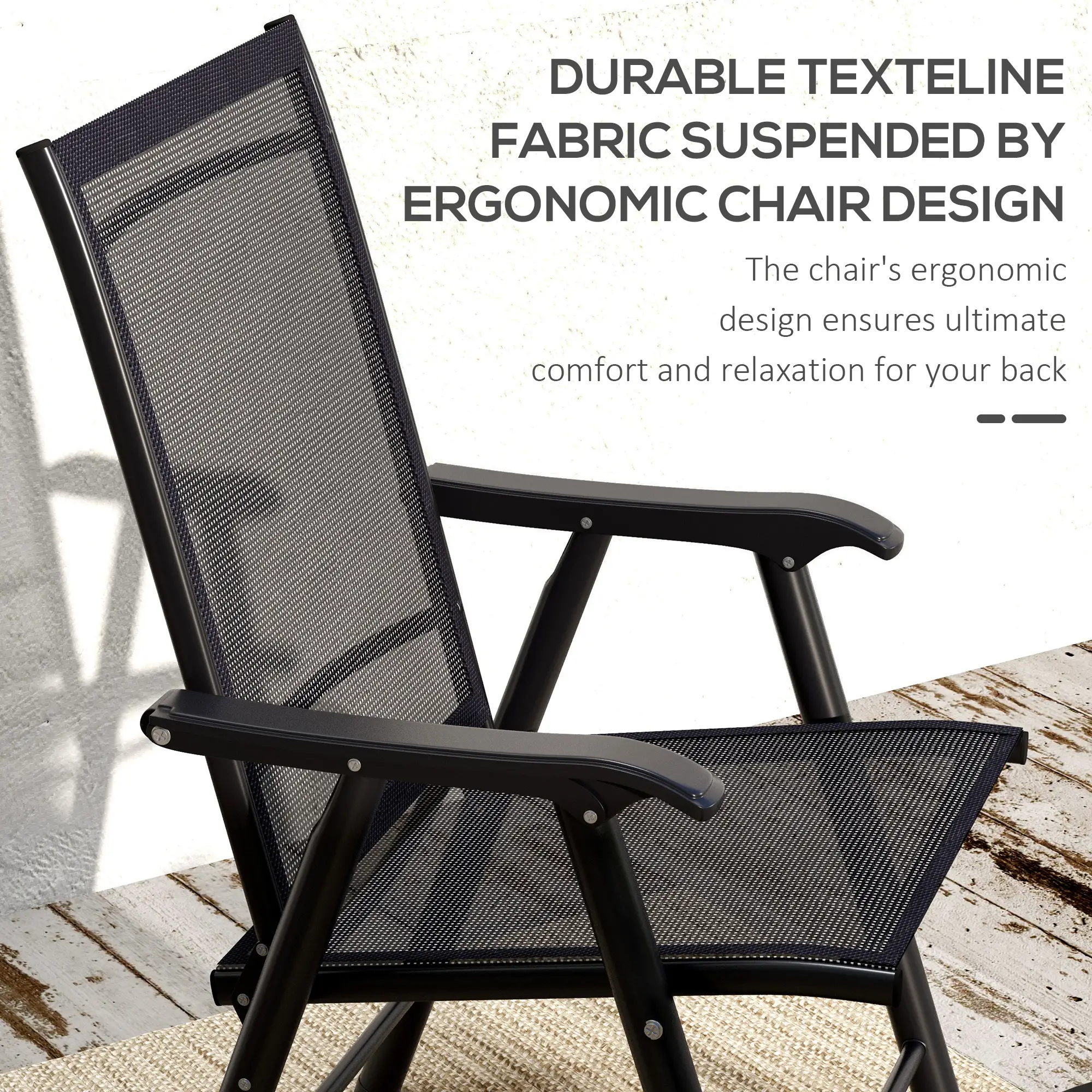 4-Piece Folding Chair Set, Outdoor Furniture with Armrests, Black - Image 4