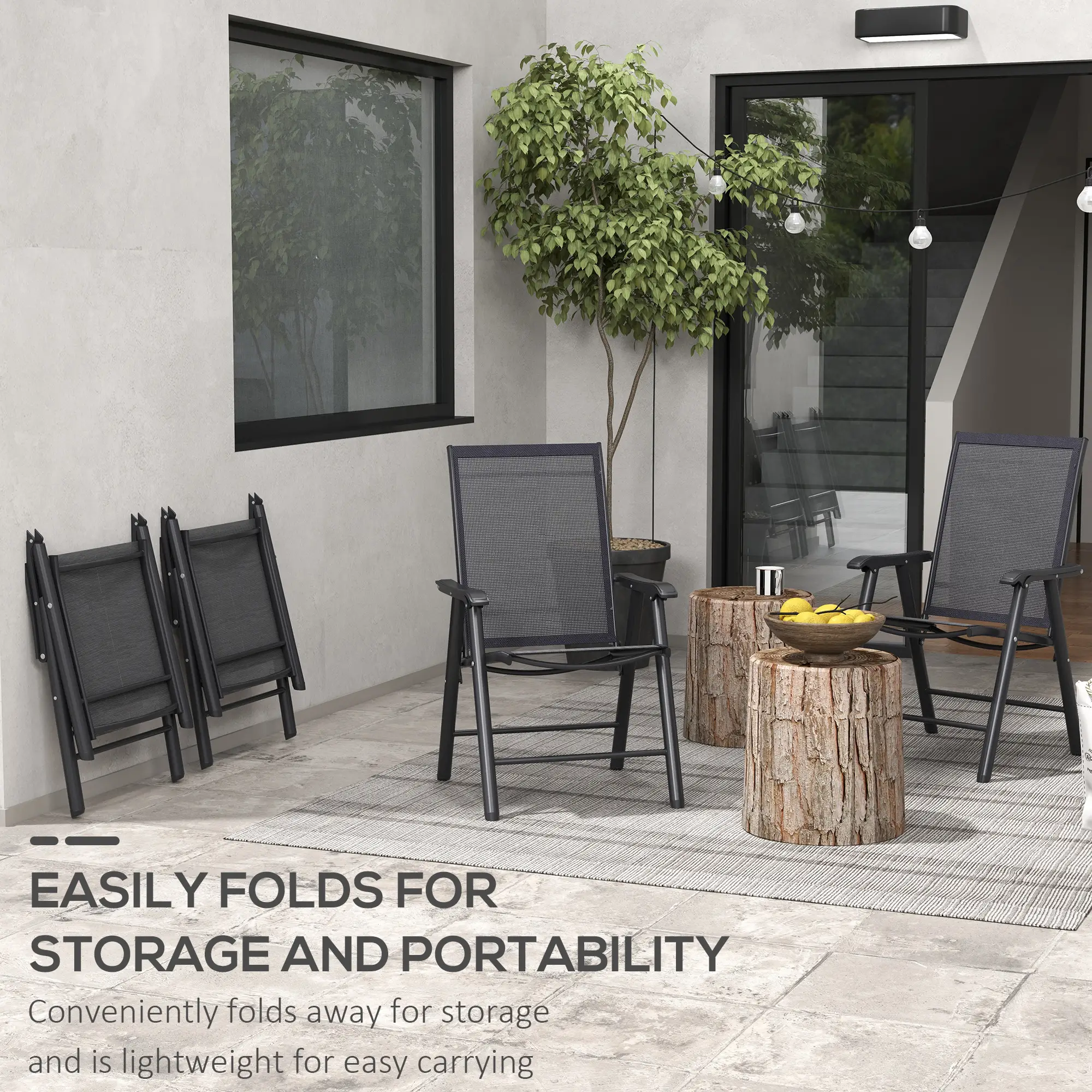 4-Piece Folding Chair Set, Outdoor Furniture with Armrests, Black - Image 5