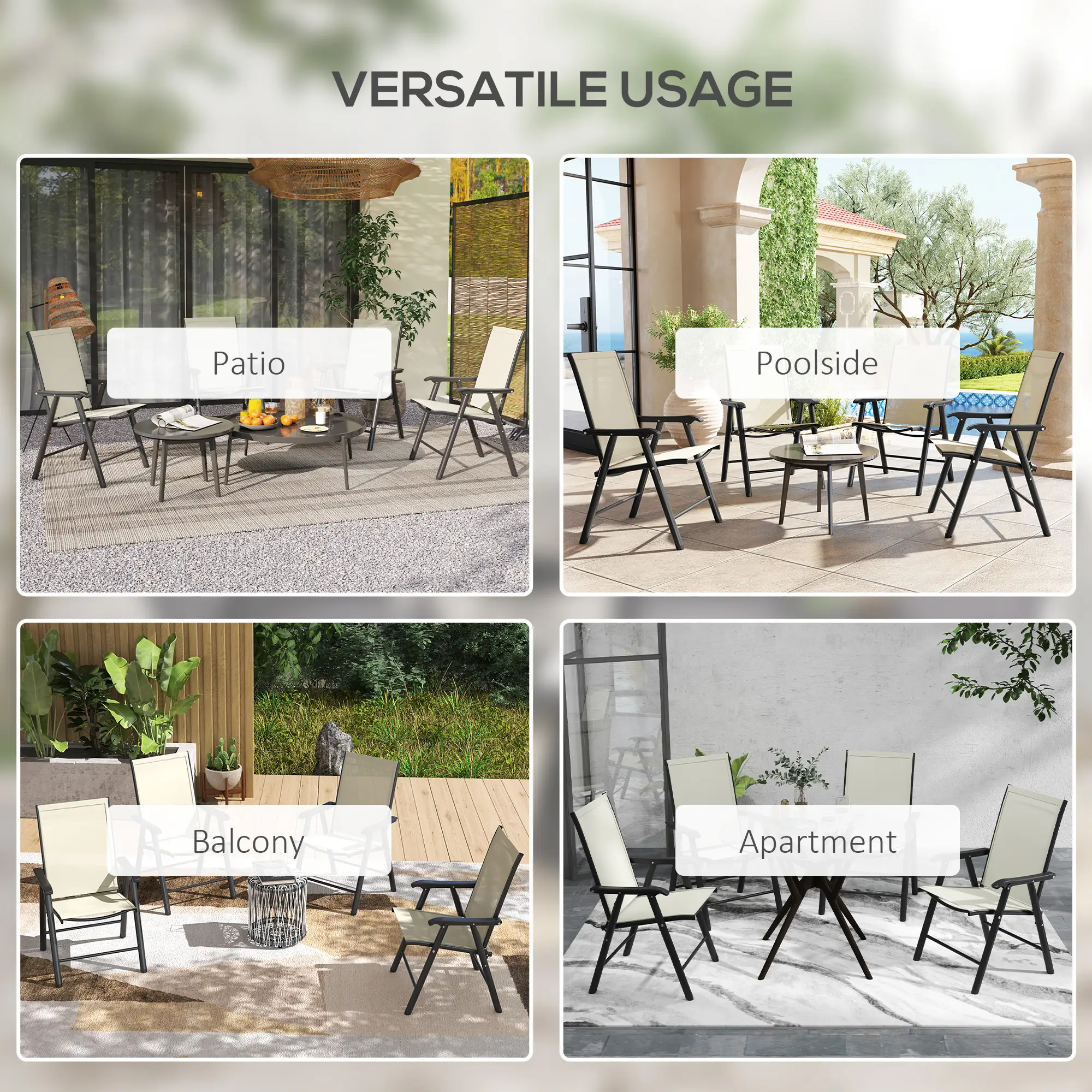 4-Piece Folding Chair Set, Patio Balcony Garden, Comfortable, Beige - Image 6