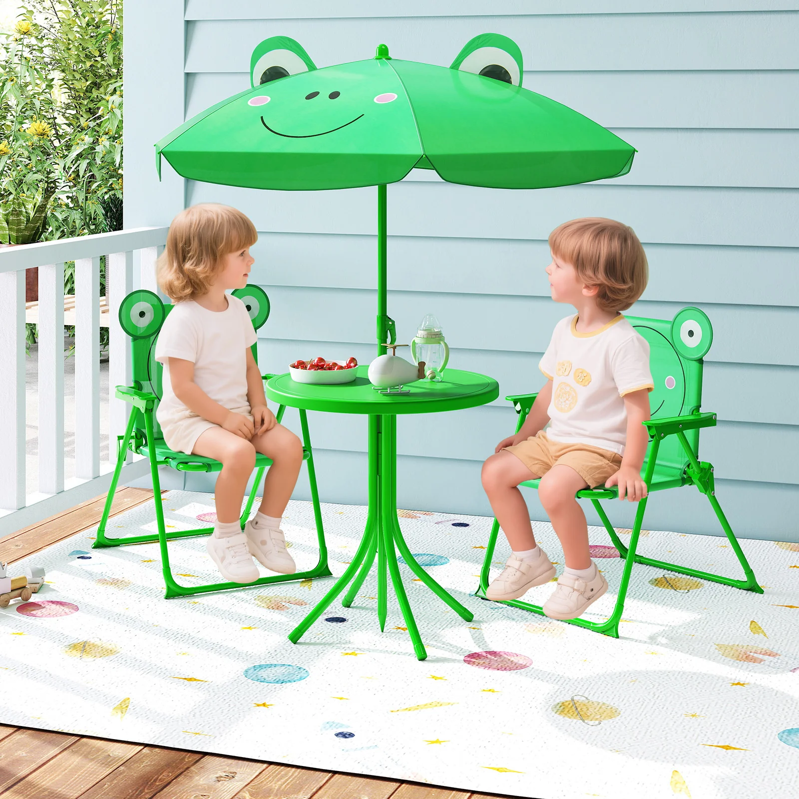 4 Piece Kids Picnic Set, 2 Folding Chairs, Adjustable Umbrella, Green - Image 3