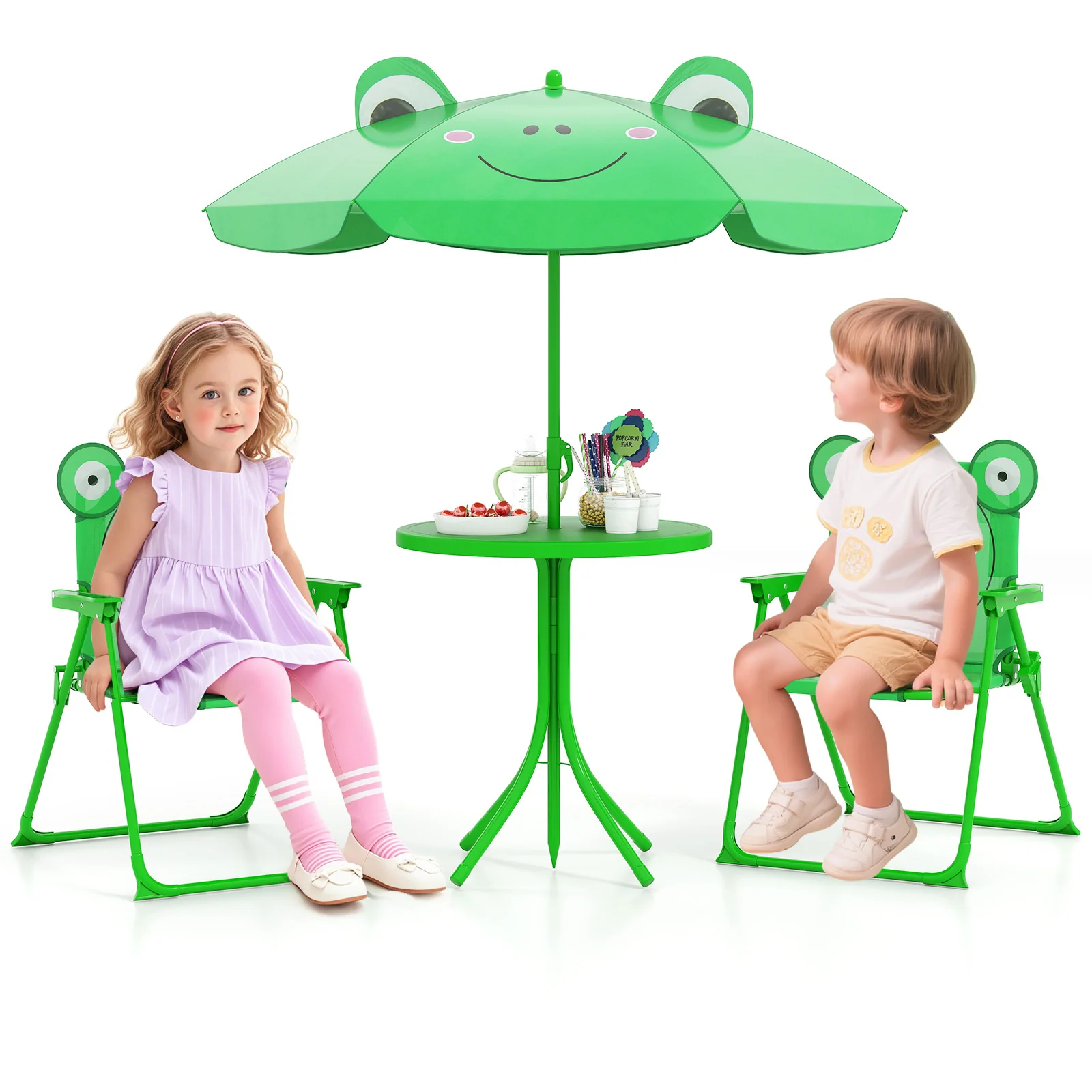 4 Piece Kids Picnic Set, 2 Folding Chairs, Adjustable Umbrella, Green - Image 5