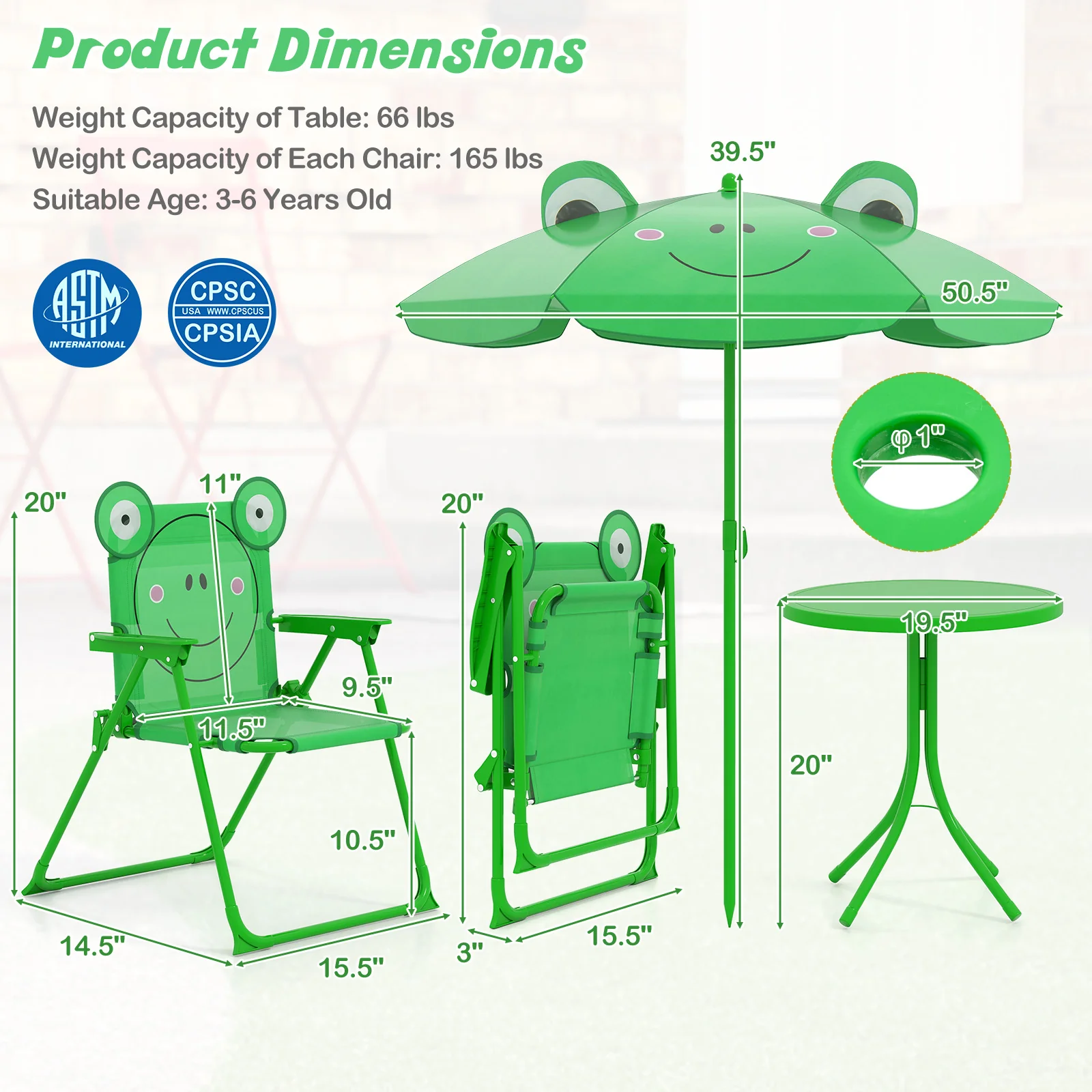 4 Piece Kids Picnic Set, 2 Folding Chairs, Adjustable Umbrella, Green - Image 6