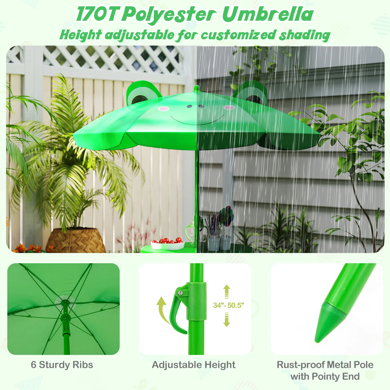 4 Piece Kids Picnic Set, 2 Folding Chairs, Adjustable Umbrella, Green - Image 7