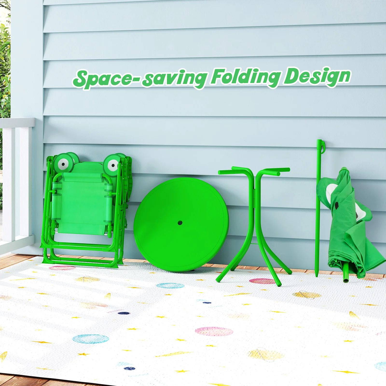 4 Piece Kids Picnic Set, 2 Folding Chairs, Adjustable Umbrella, Green - Image 8