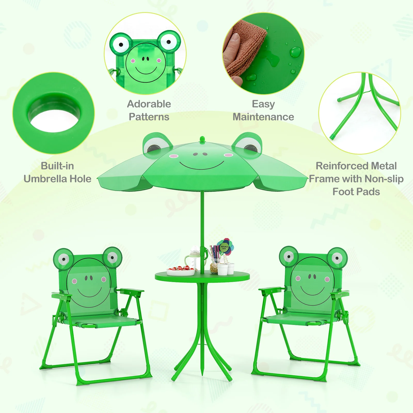 4 Piece Kids Picnic Set, 2 Folding Chairs, Adjustable Umbrella, Green - Image 9