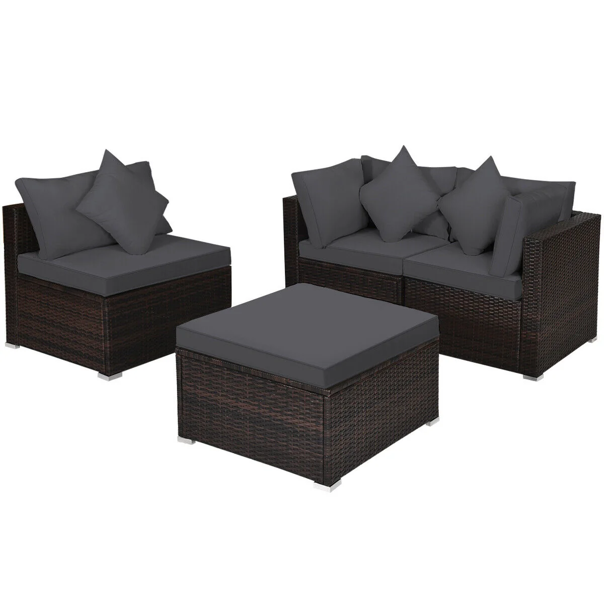 4 Piece Ottoman Garden Patio Rattan Wicker Furniture Set, Gray