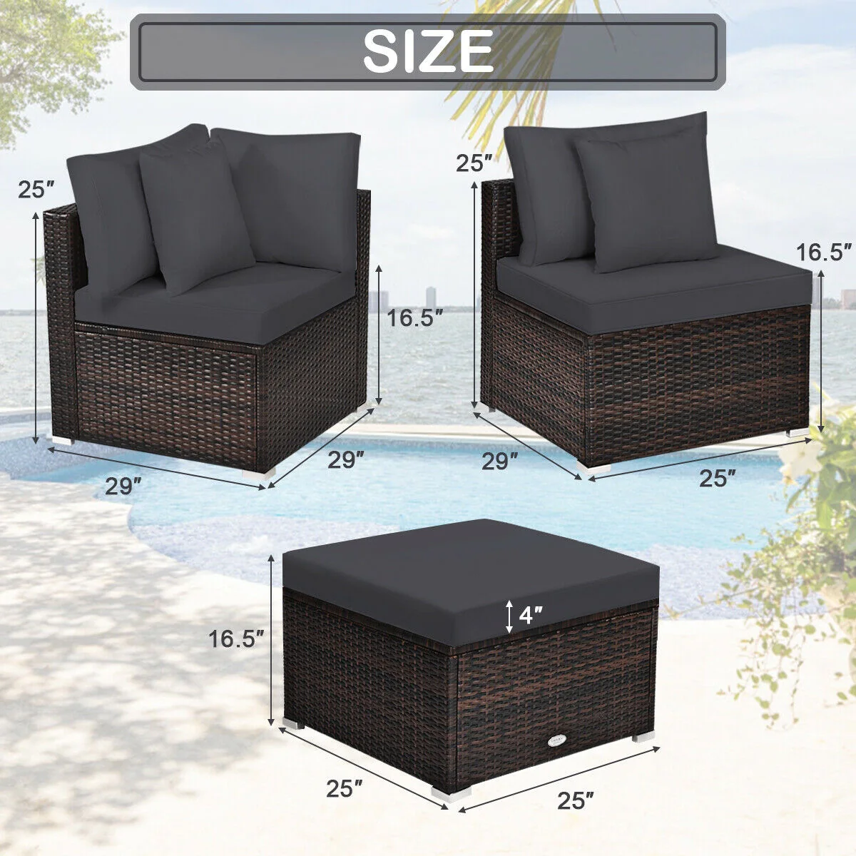 4 Piece Ottoman Garden Patio Rattan Wicker Furniture Set, Gray - Image 5