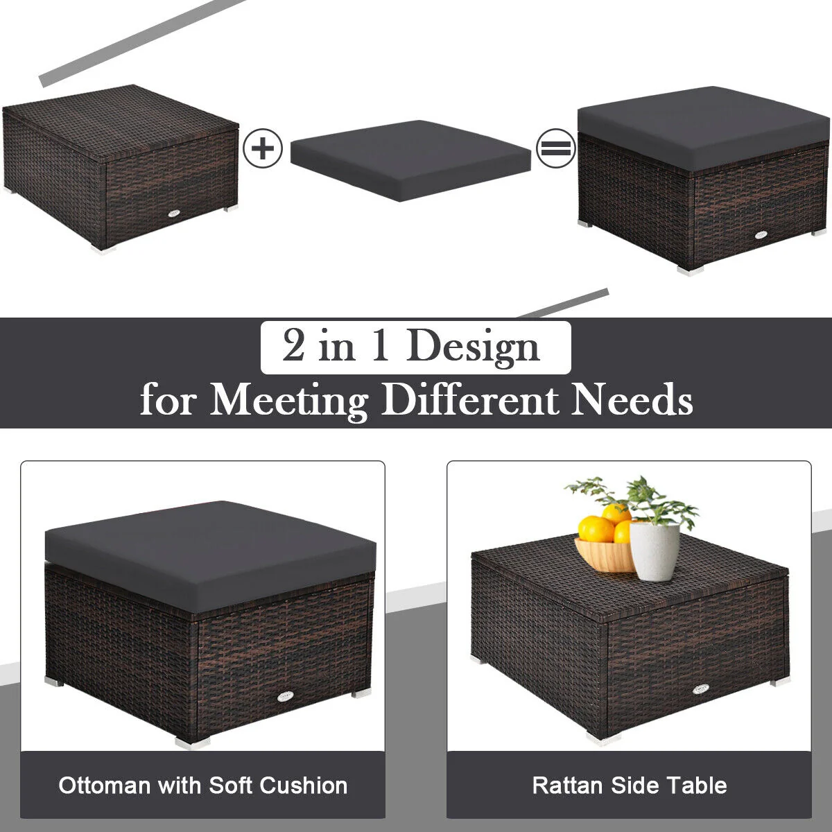 4 Piece Ottoman Garden Patio Rattan Wicker Furniture Set, Gray - Image 6