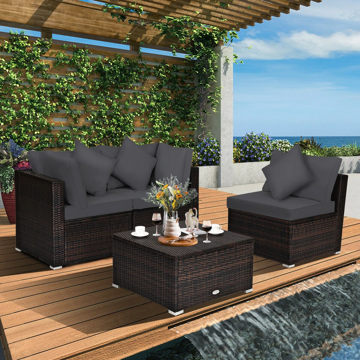 4 Piece Ottoman Garden Patio Rattan Wicker Furniture Set, Gray - Image 8