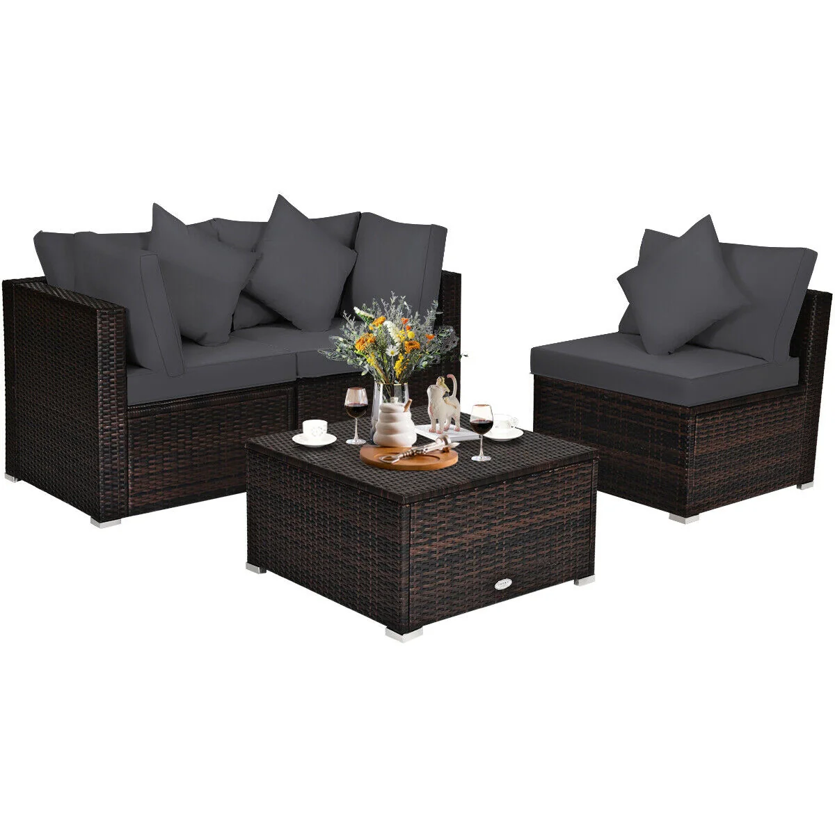 4 Piece Ottoman Garden Patio Rattan Wicker Furniture Set, Gray - Image 9