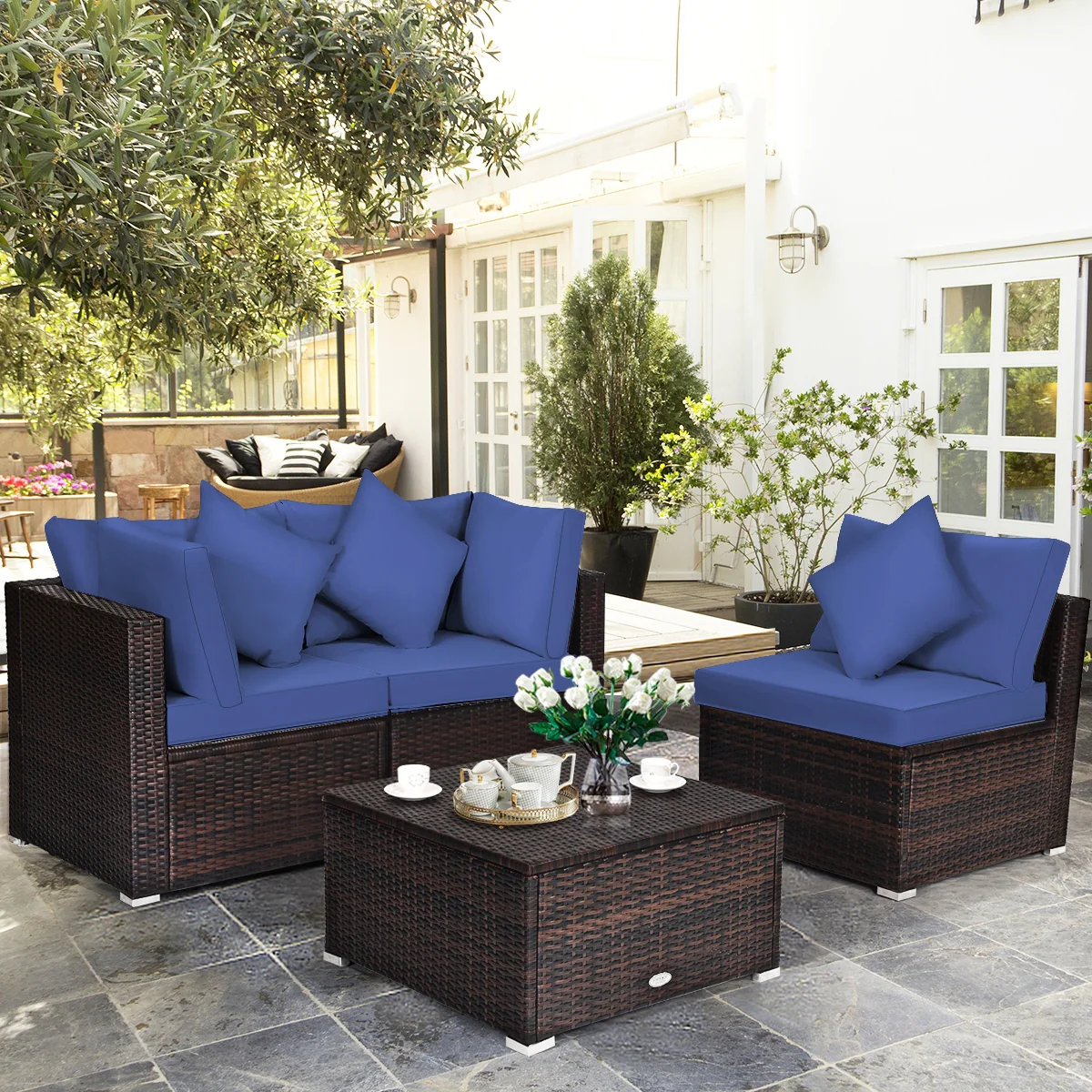 4-Piece Ottoman Garden Patio Rattan Wicker Set With Cushion, Navy - Image 2