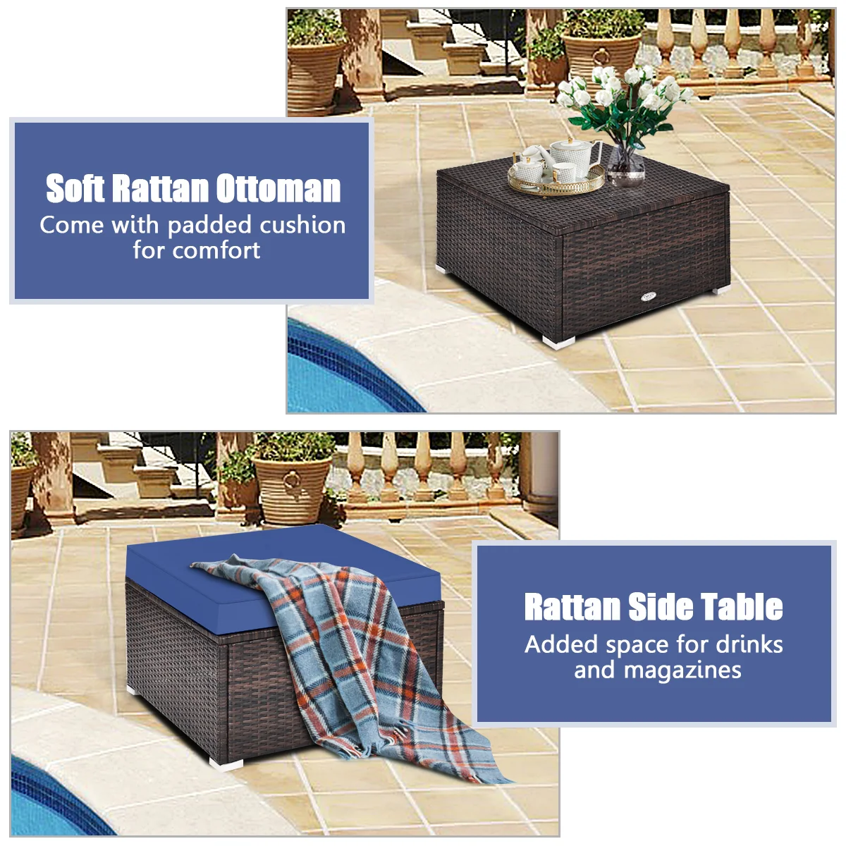 4-Piece Ottoman Garden Patio Rattan Wicker Set With Cushion, Navy - Image 3