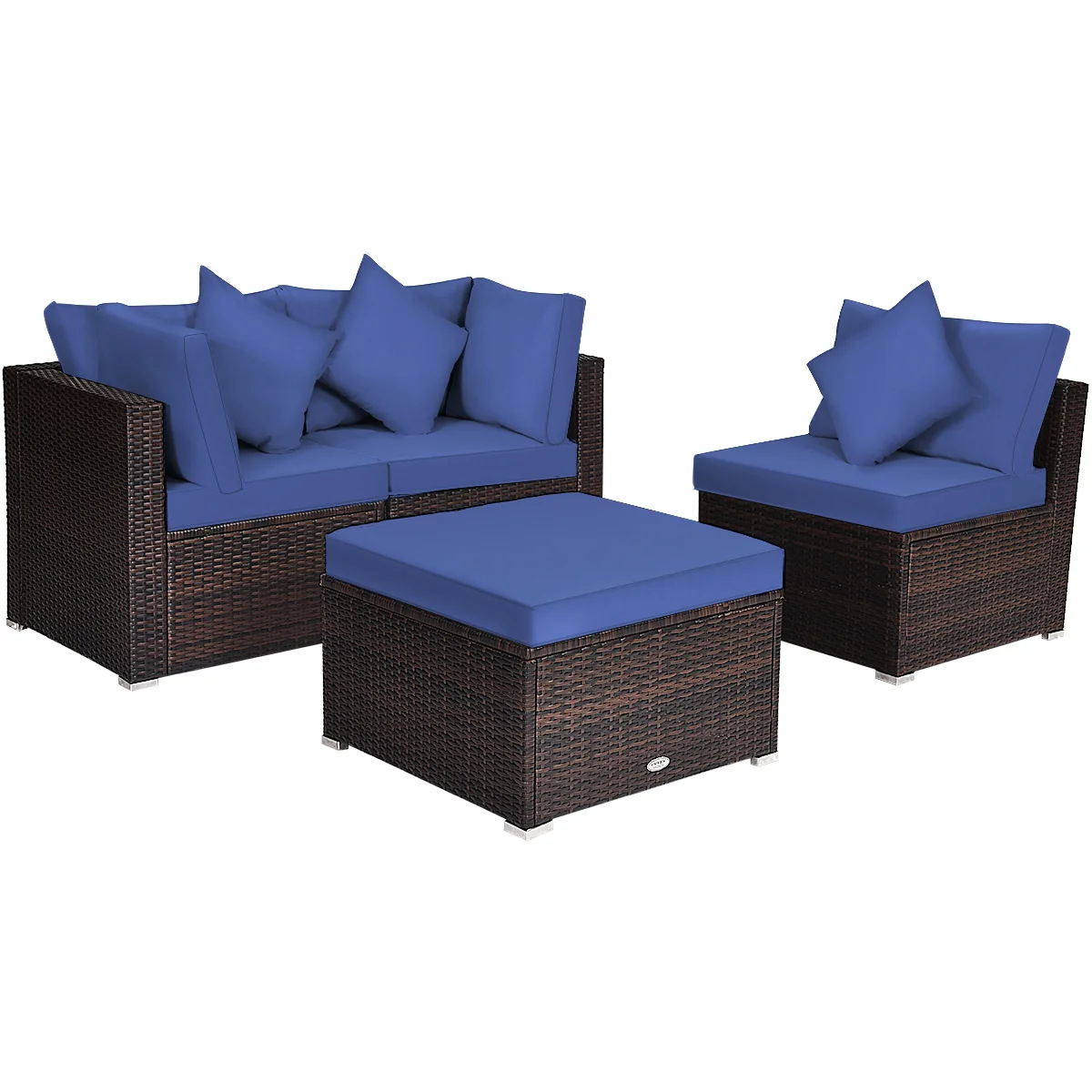 4-Piece Ottoman Garden Patio Rattan Wicker Set With Cushion, Navy - Image 4