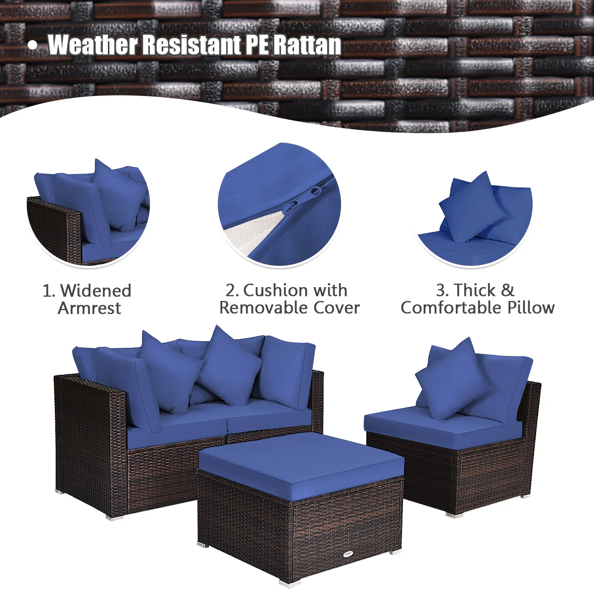 4-Piece Ottoman Garden Patio Rattan Wicker Set With Cushion, Navy - Image 6