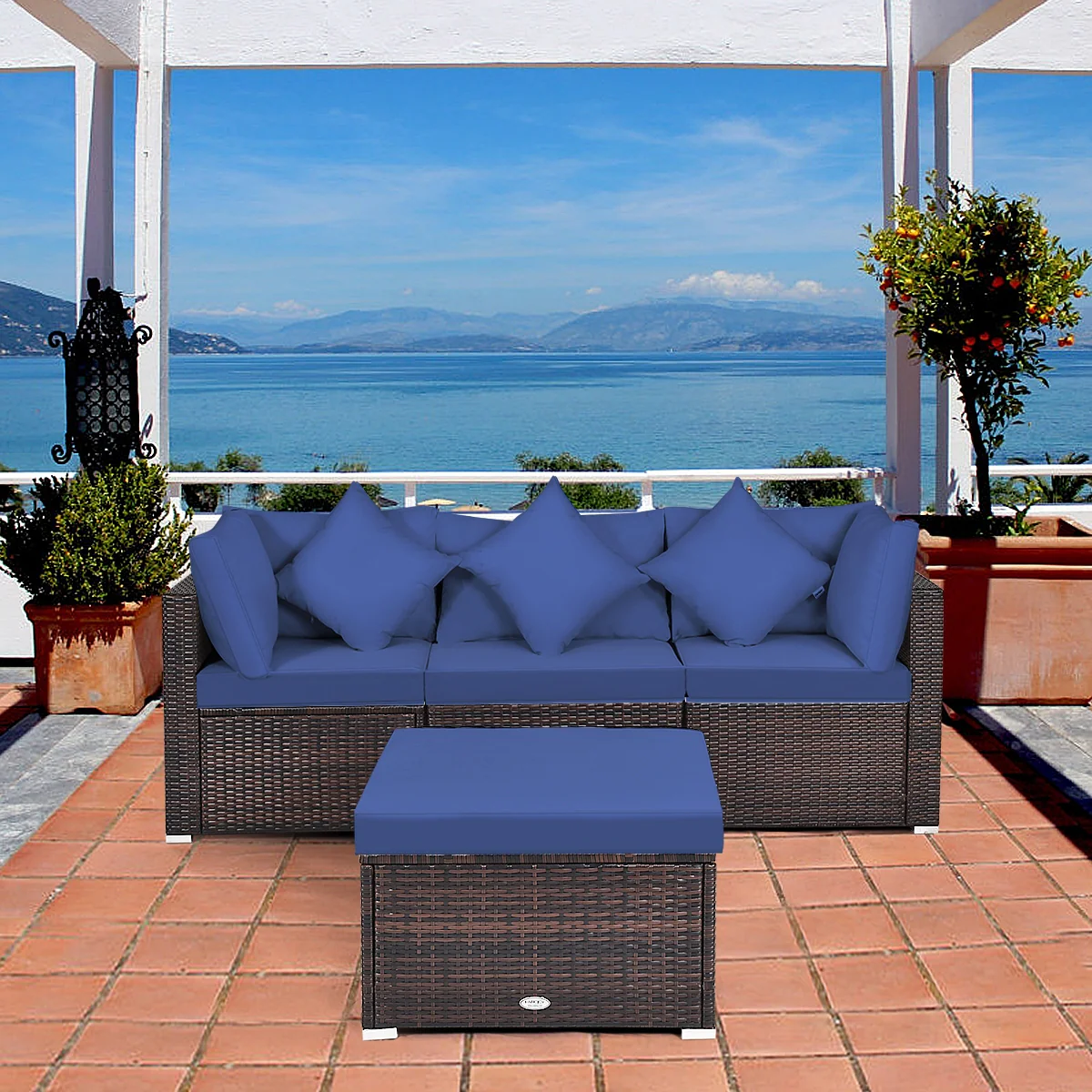 4-Piece Ottoman Garden Patio Rattan Wicker Set With Cushion, Navy - Image 7