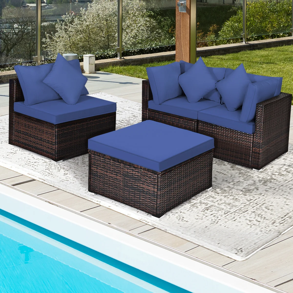 4-Piece Ottoman Garden Patio Rattan Wicker Set With Cushion, Navy - Image 8