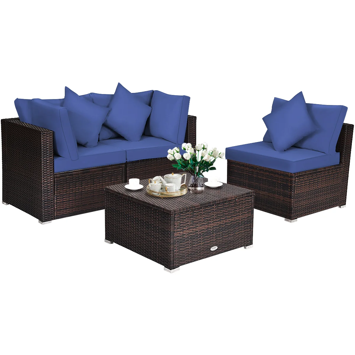 4-Piece Ottoman Garden Patio Rattan Wicker Set With Cushion, Navy - Image 9