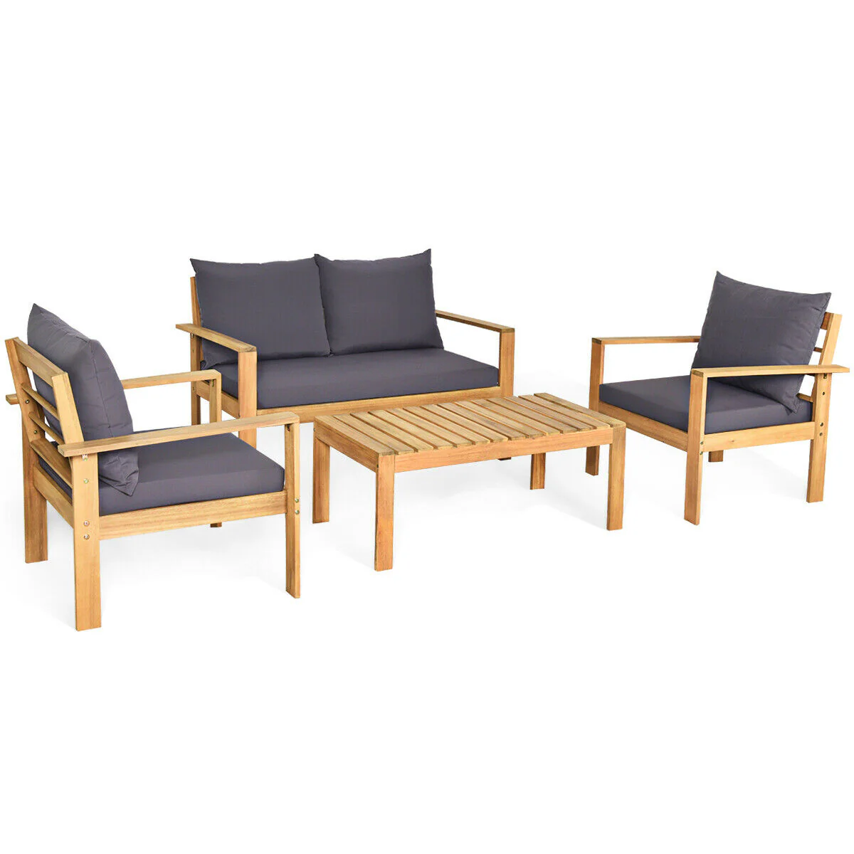 4 Piece Outdoor Acacia Wood Chat Set, Removable Cushions, Gray